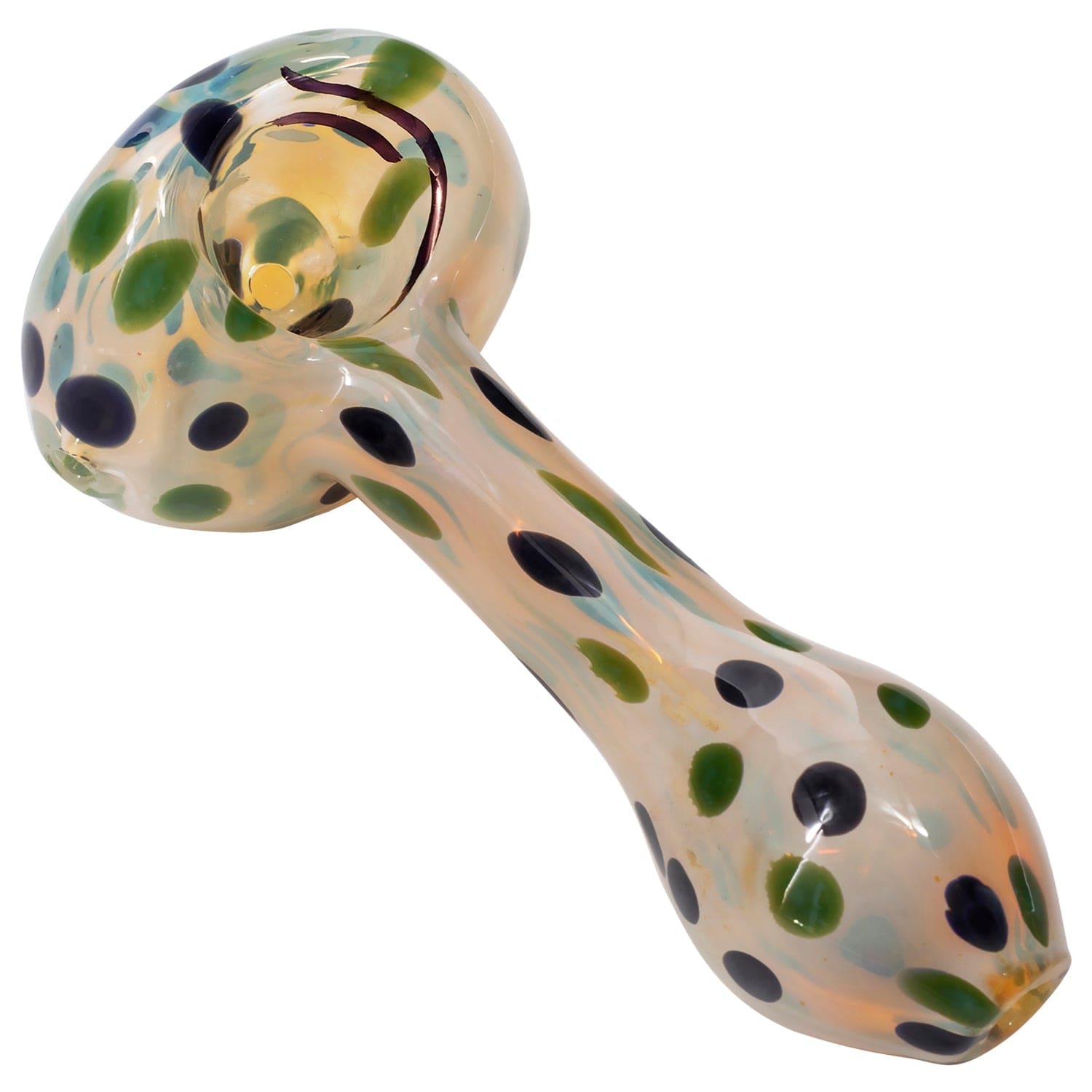 A side view of the “Polka Dot” Glass Spoon Pipe, showcasing its colorful speckled pattern against a plain white background.