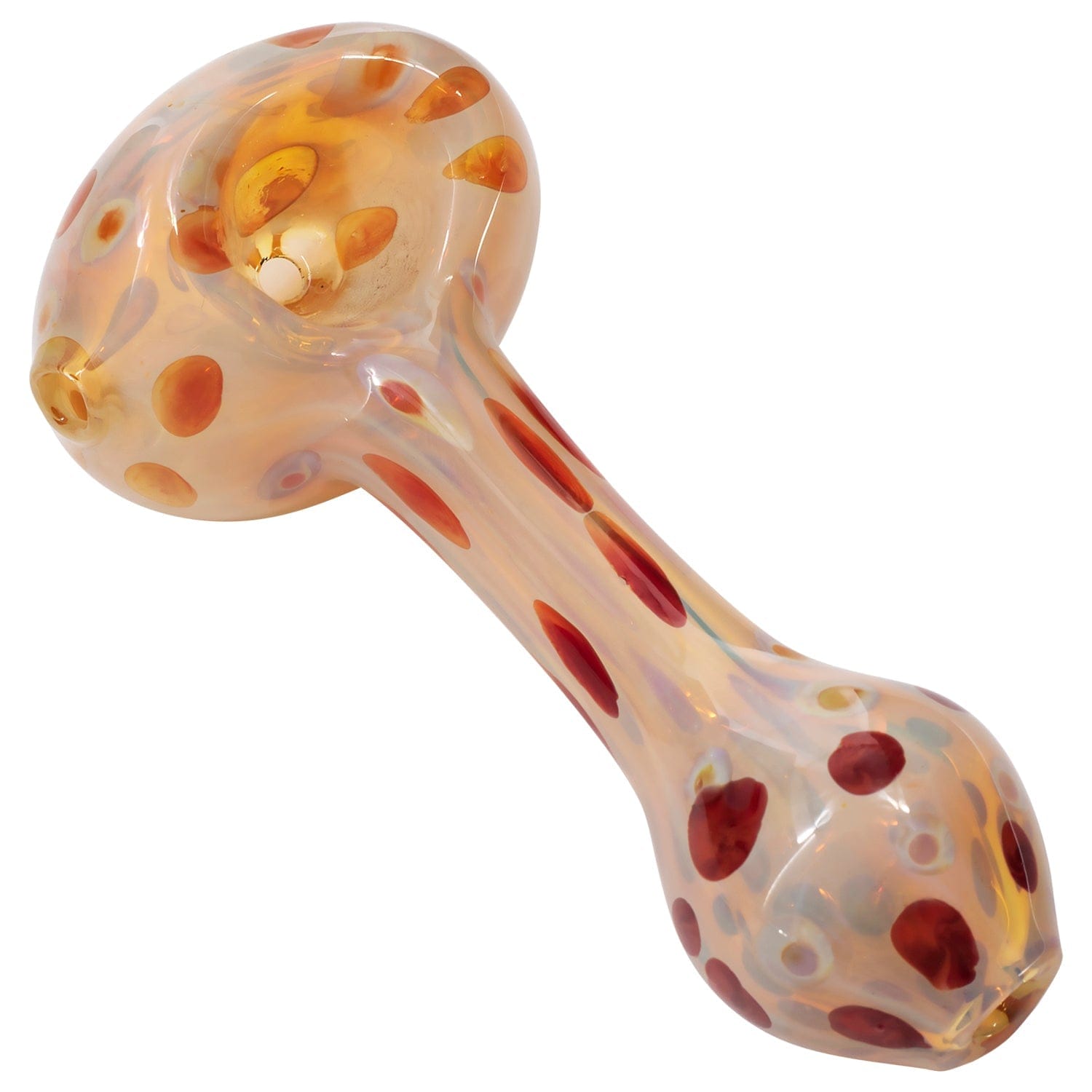 A side view of the “Polka Dot” Glass Spoon Pipe shows a colorful, patterned glass pipe against a plain white background.