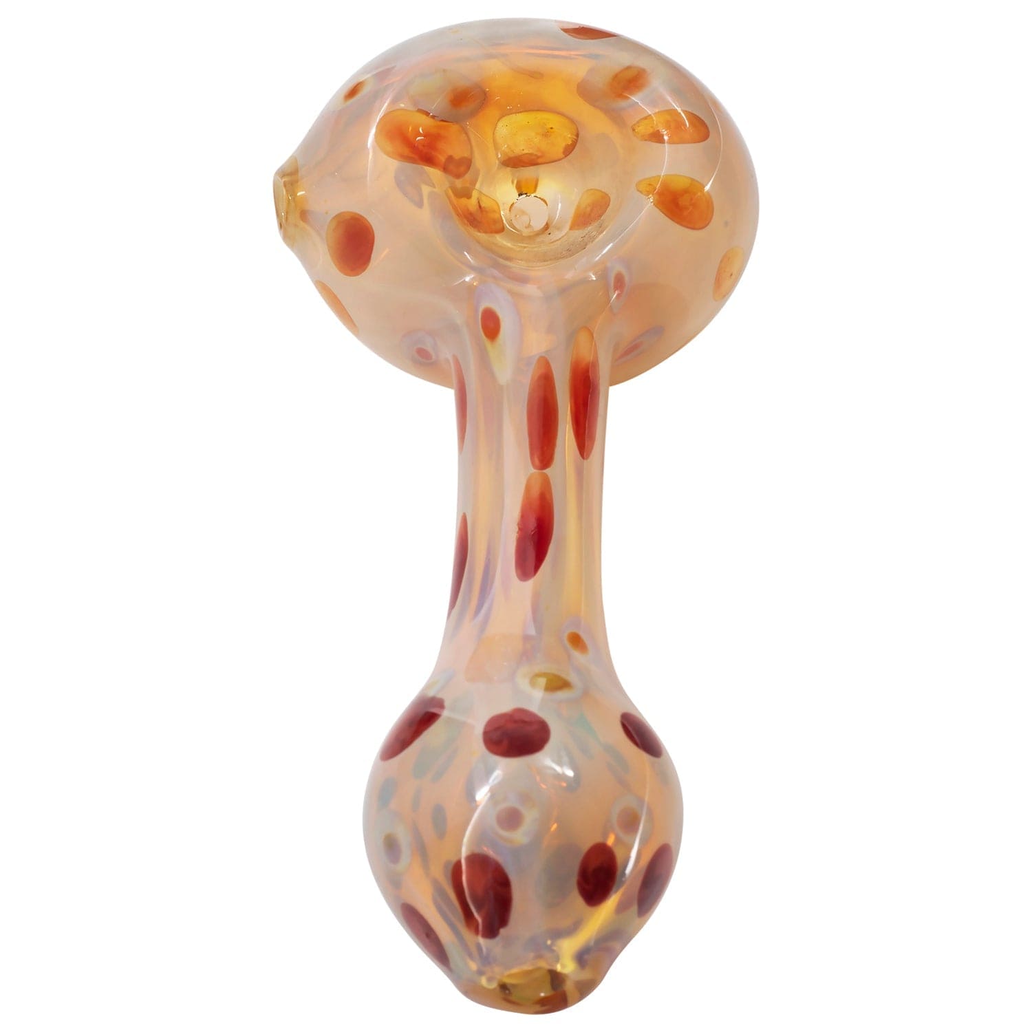 A side view of the “Polka Dot” Glass Spoon Pipe, showing the speckled glass design and curved bowl.