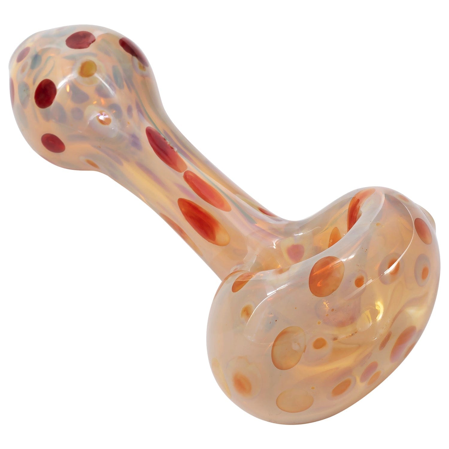 A side view of the "Polka Dot" Glass Spoon Pipe, showing its curved form and speckled glass finish against a plain white backdrop.