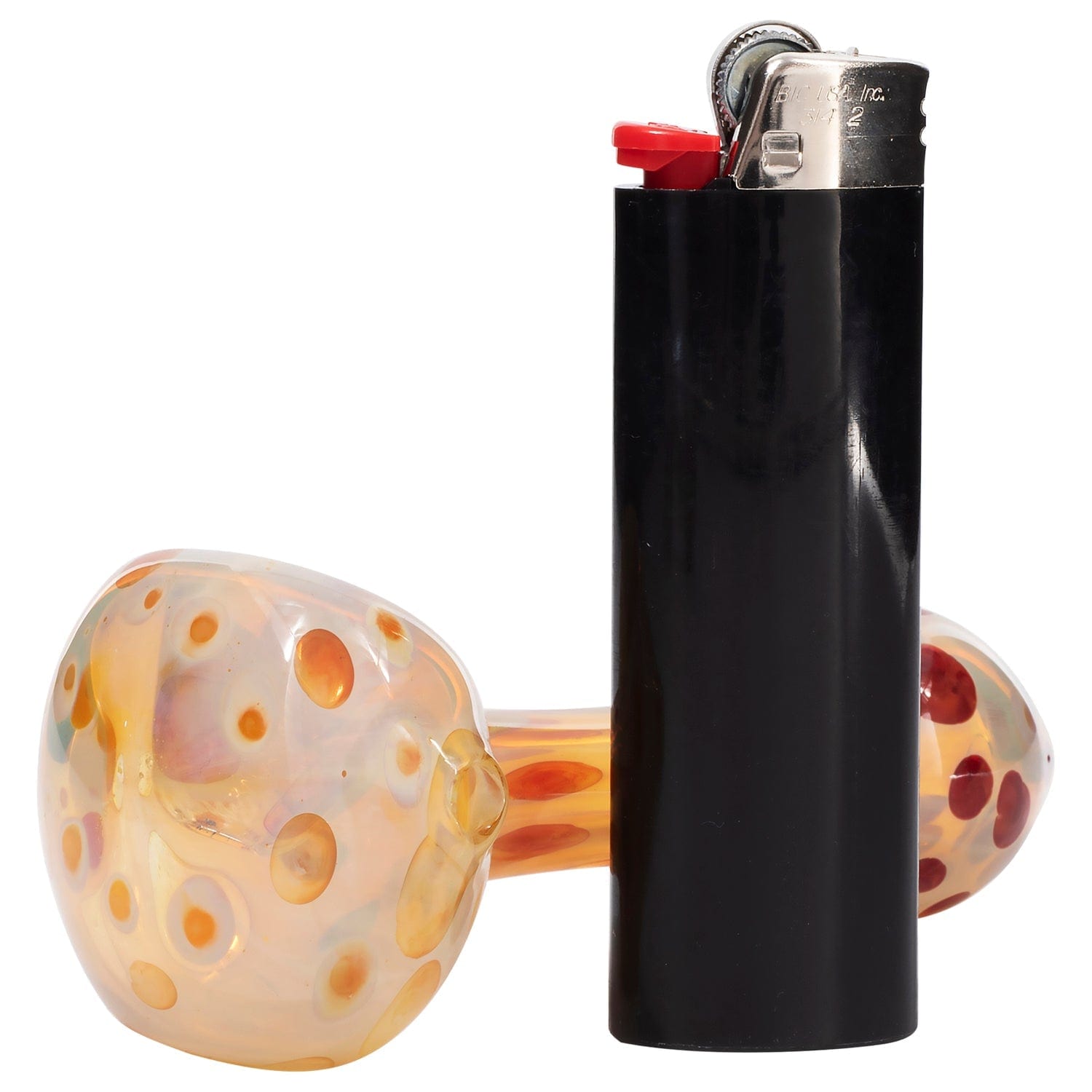 A close-up shows the “Polka Dot” Glass Spoon Pipe with colorful speckled accents, angled against a neutral background.
