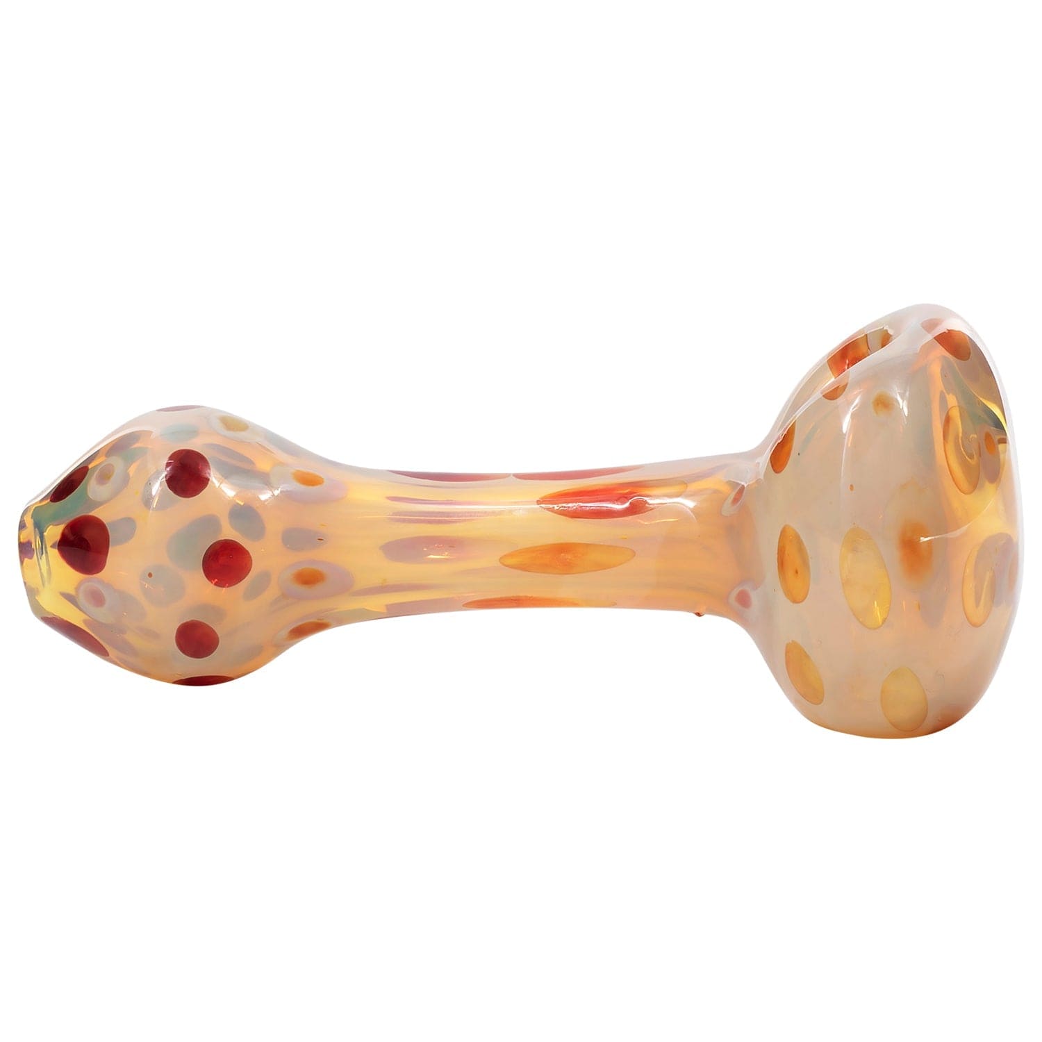 A side view of the “Polka Dot” Glass Spoon Pipe, showing the colorful speckled pattern on the clear glass bowl.