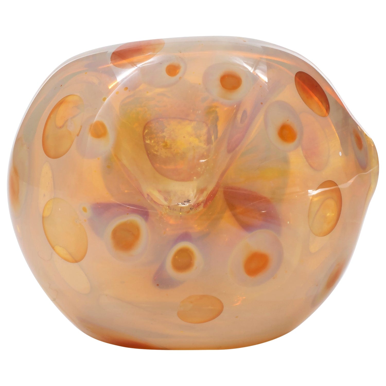 A three-quarter view of the “Polka Dot” Glass Spoon Pipe, showcasing the speckled glass design and curved bowl.
