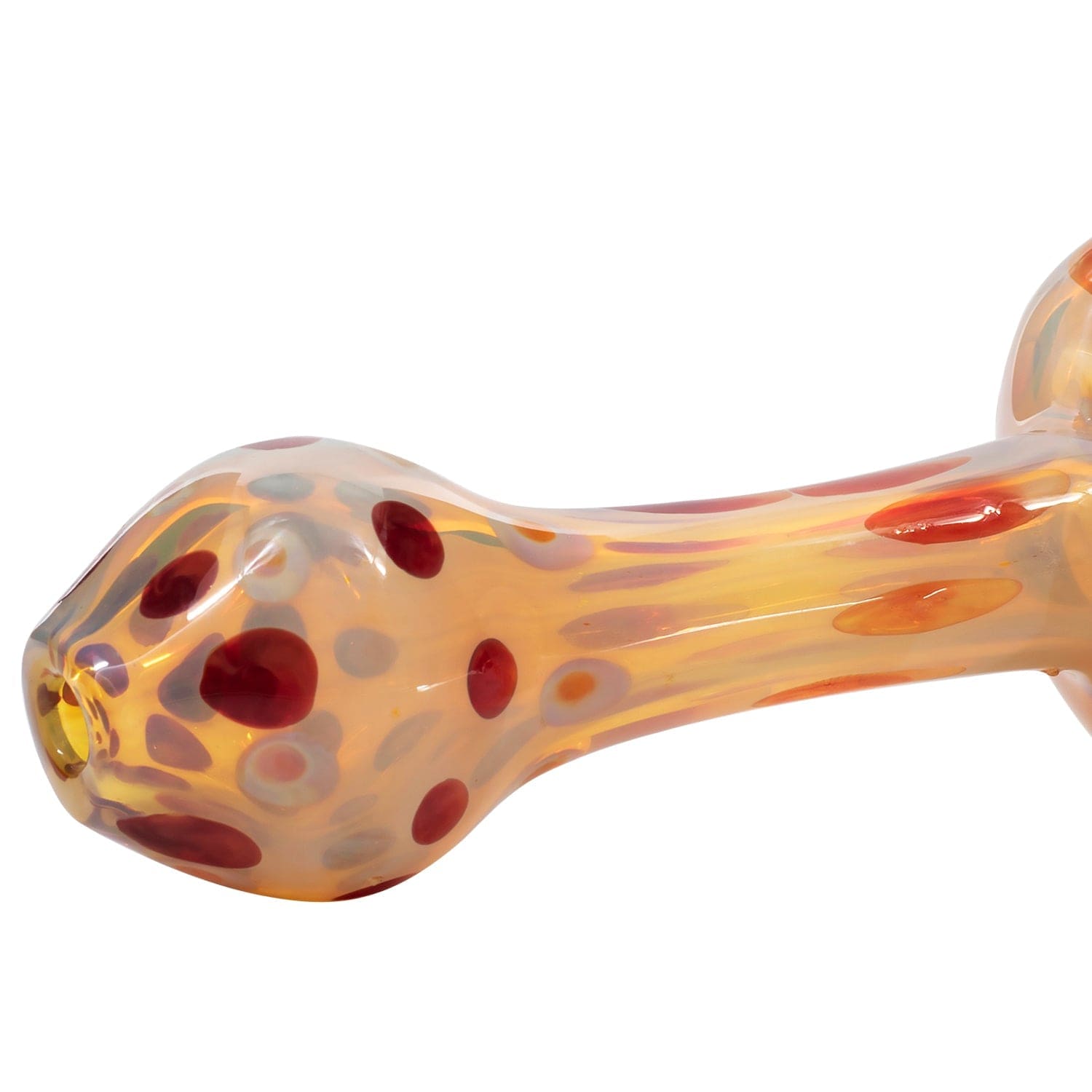 A close-up, angled view of the “Polka Dot” Glass Spoon Pipe, showcasing its patterned glass design.
