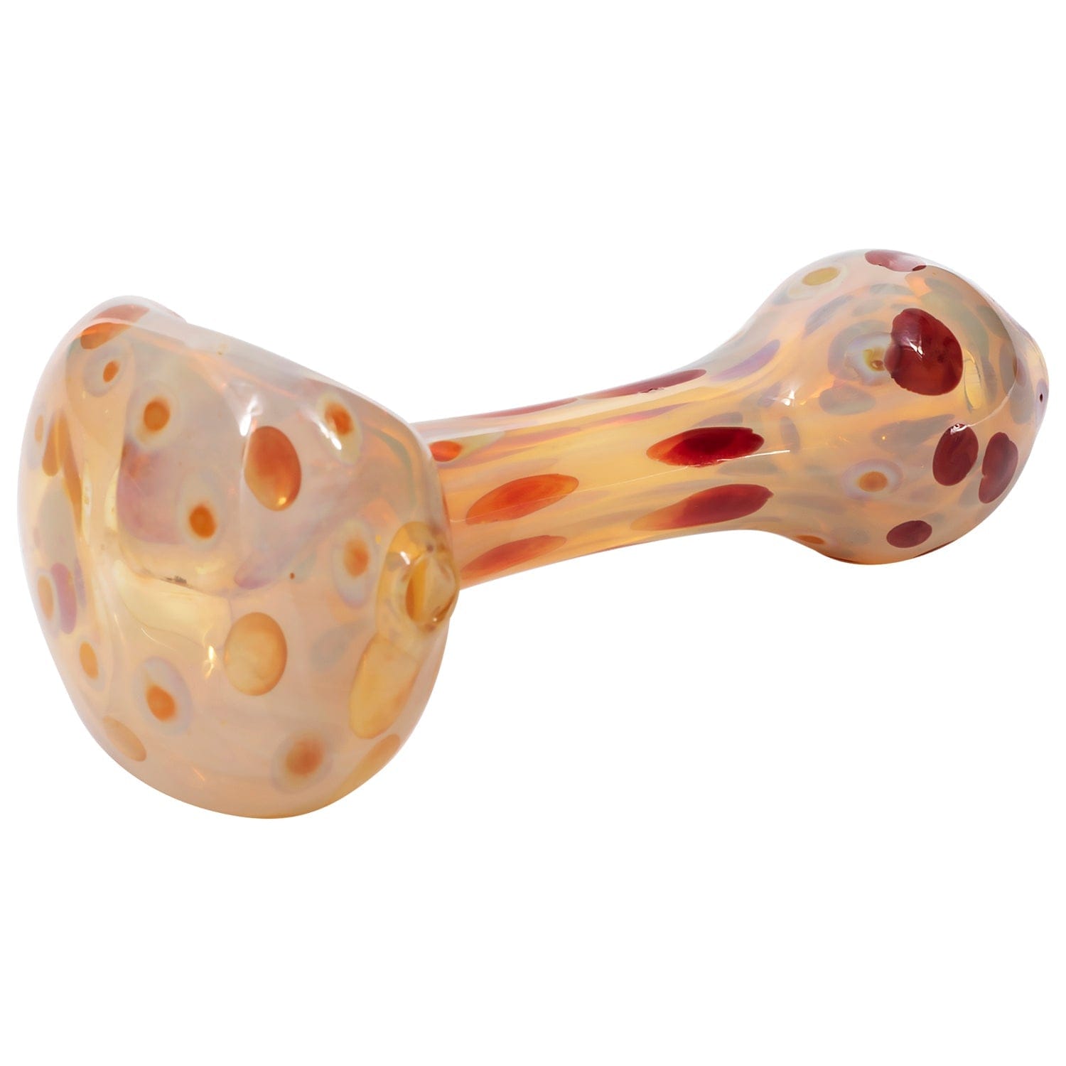 A front view of the “Polka Dot” Glass Spoon Pipe, showing a colorful, patterned glass pipe against a plain white background.