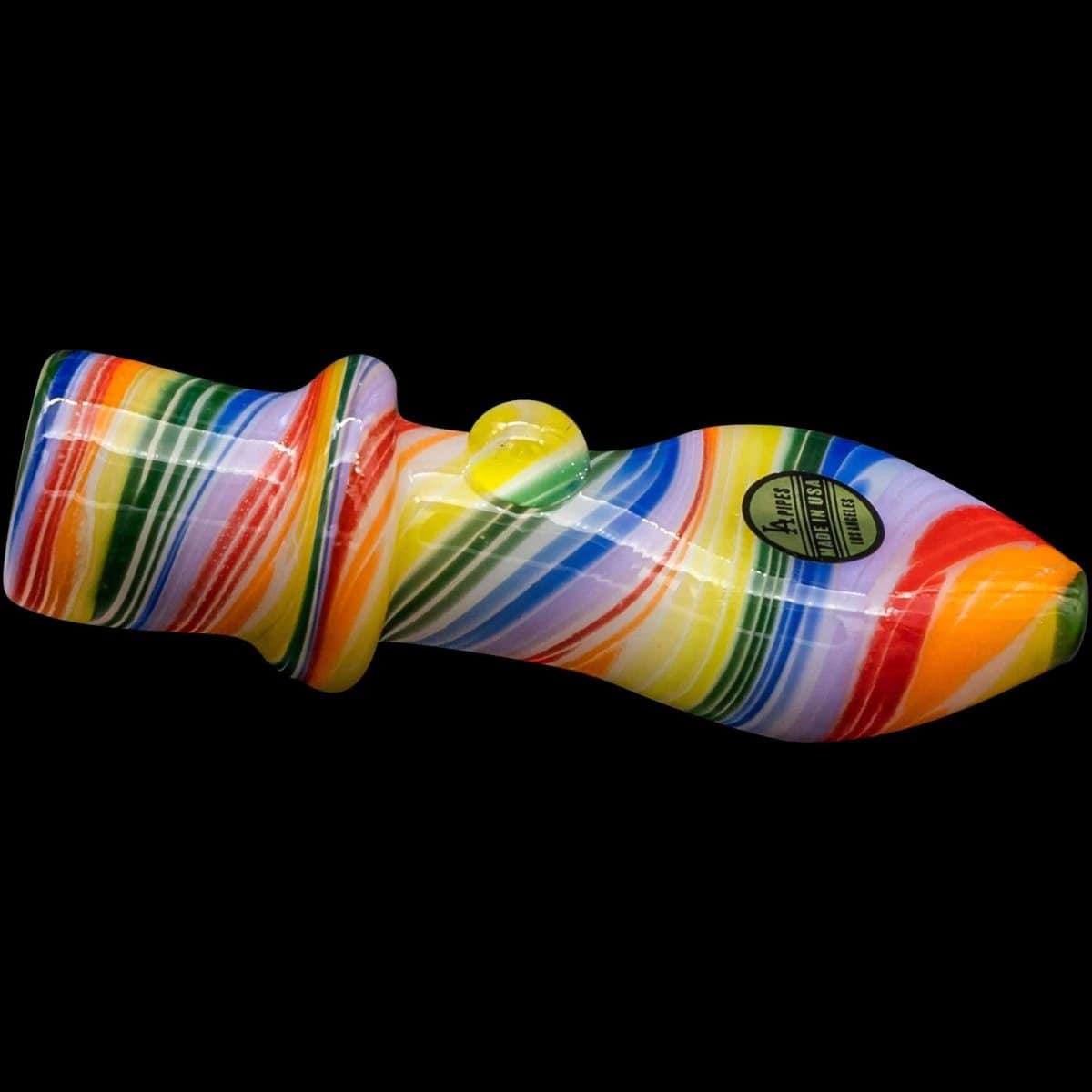 A close-up shot of the "Rainbow Tornado" Chillum Pipe, showcasing its vibrant, swirling colors and simple design.