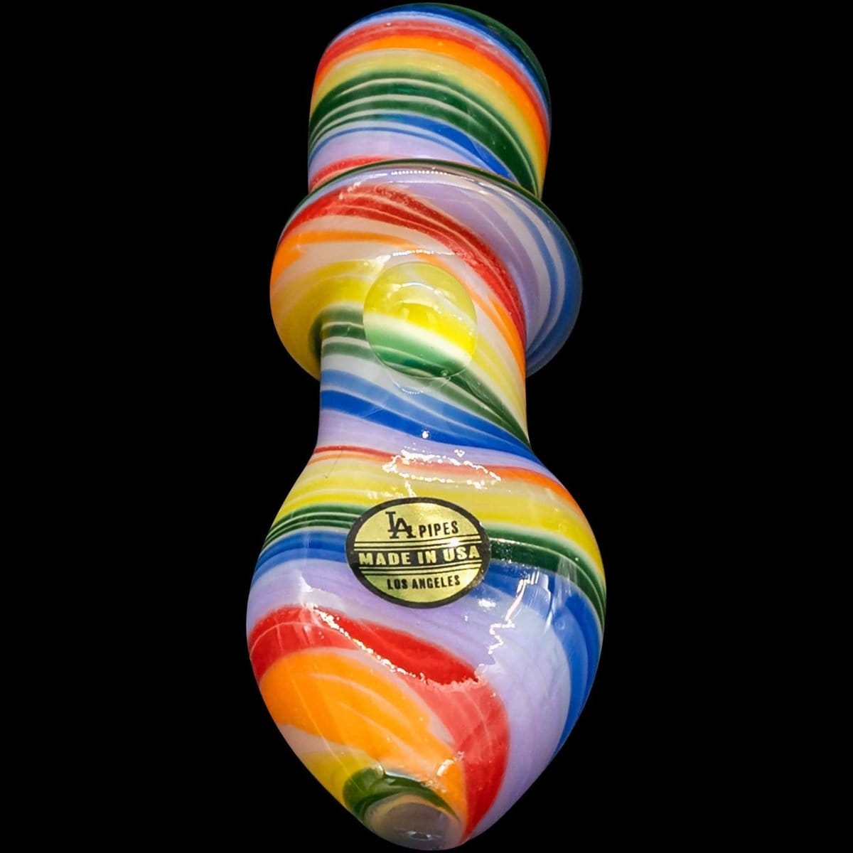 Front view of the “Rainbow Tornado” Chillum Pipe with colorful swirls, set against a dark background.
