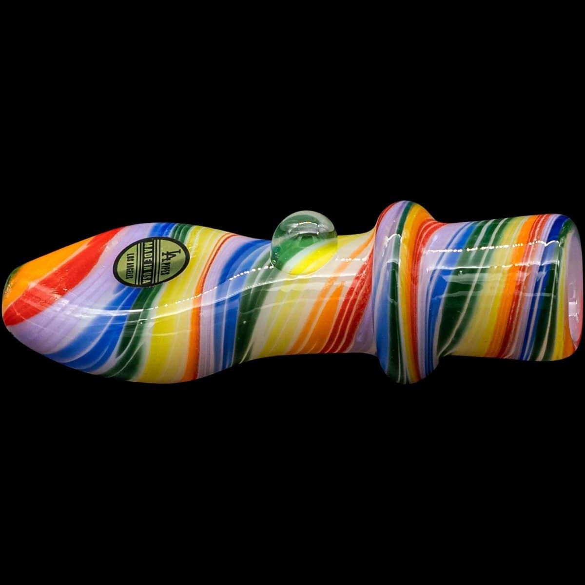 Front view of the “Rainbow Tornado” Chillum Pipe, showcasing its colorful, swirling glass design against a black background.