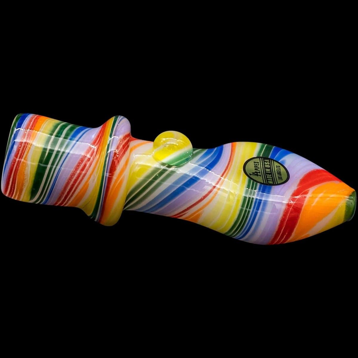 A side view of the “Rainbow Tornado” Chillum Pipe, showcasing its colorful, swirling glass design.