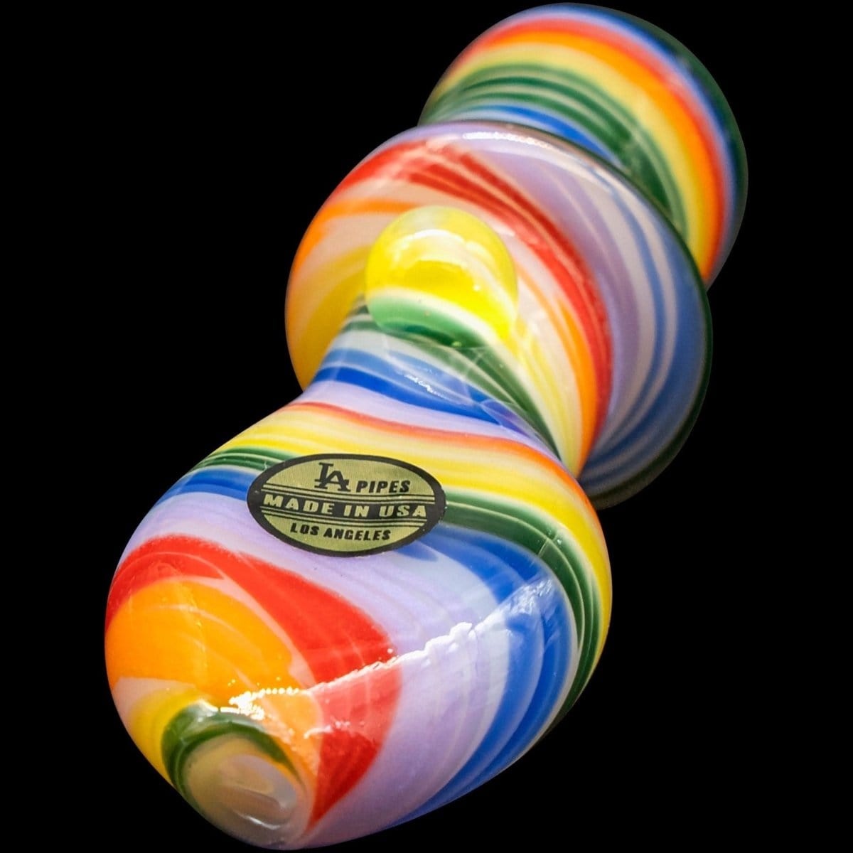 Front view of the “Rainbow Tornado” Chillum Pipe, showcasing its vibrant, swirling color pattern against a dark background.