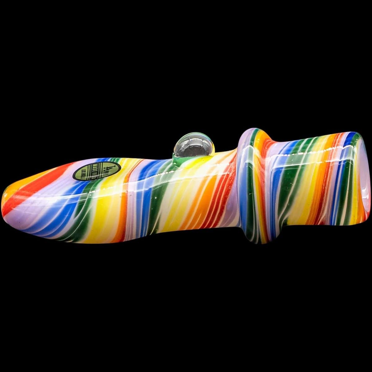 A close-up, angled view of the “Rainbow Tornado” Chillum Pipe, showcasing its vibrant, swirling color pattern.