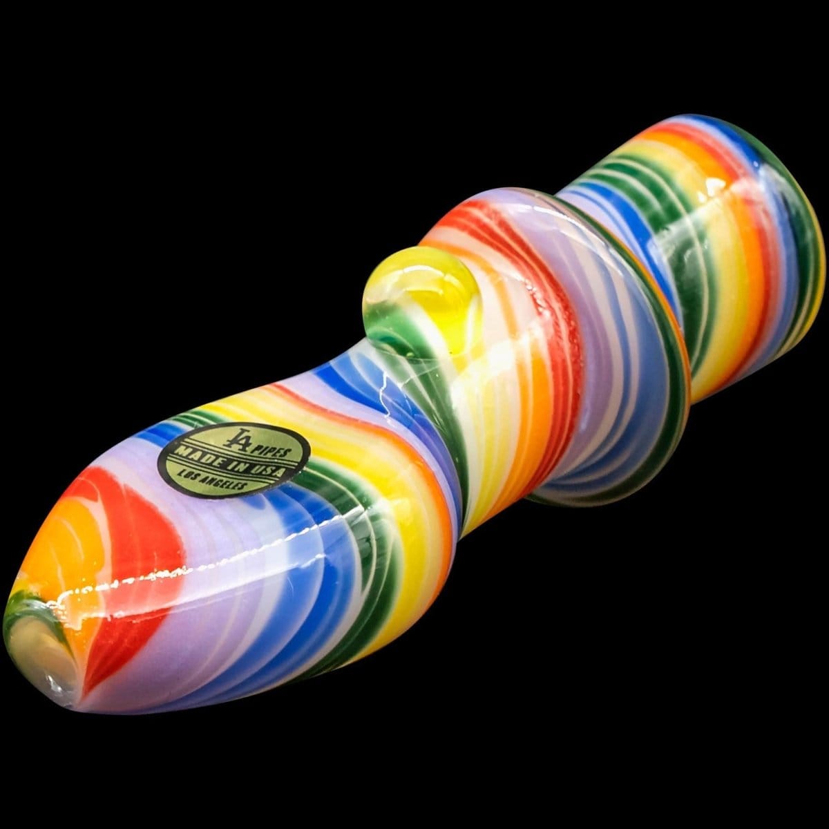 A detailed close-up of the “Rainbow Tornado” Chillum Pipe, showing a colorful, swirling glass design against a black background.