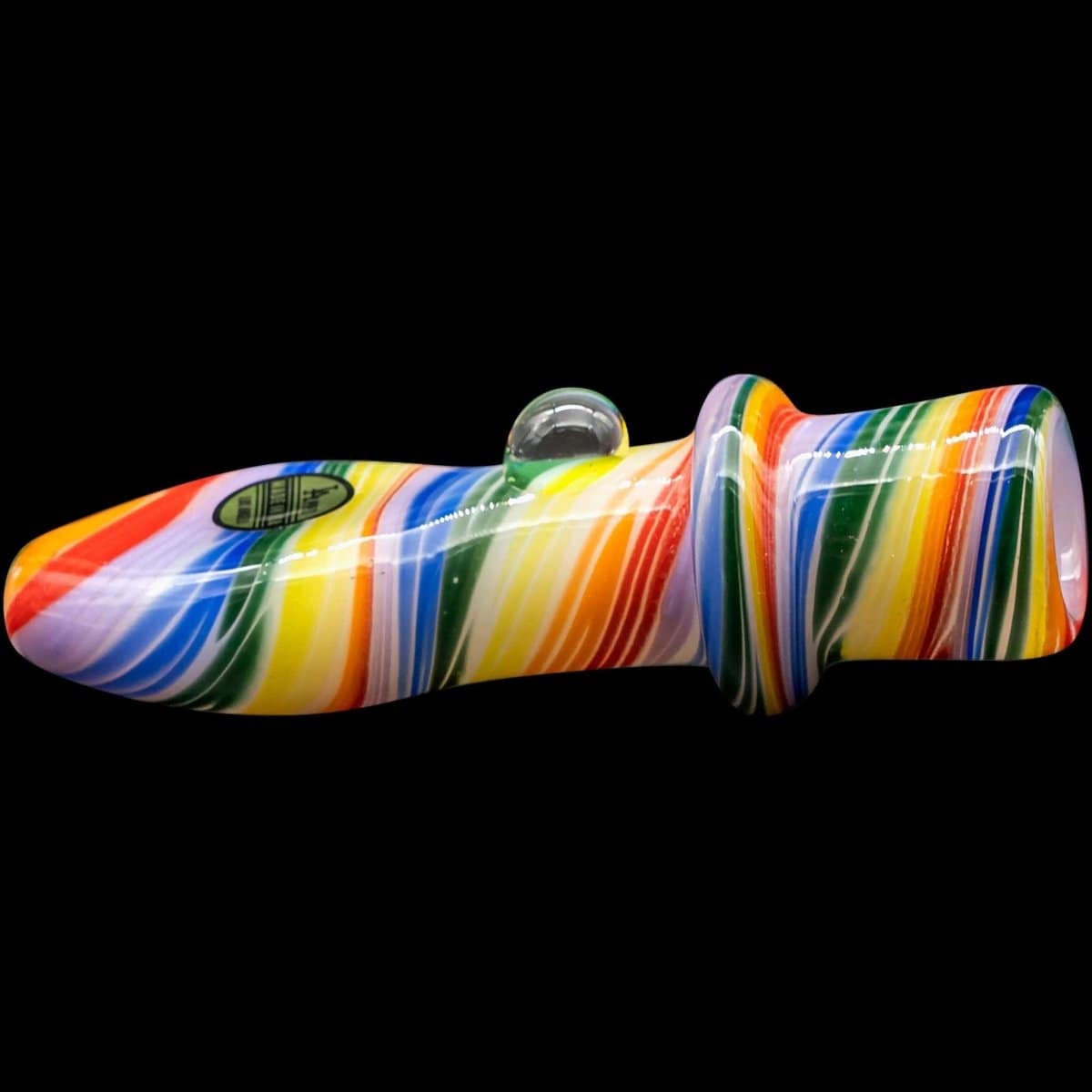 A close-up of the "Rainbow Tornado" Chillum Pipe, displaying vibrant swirls of color in a side view.