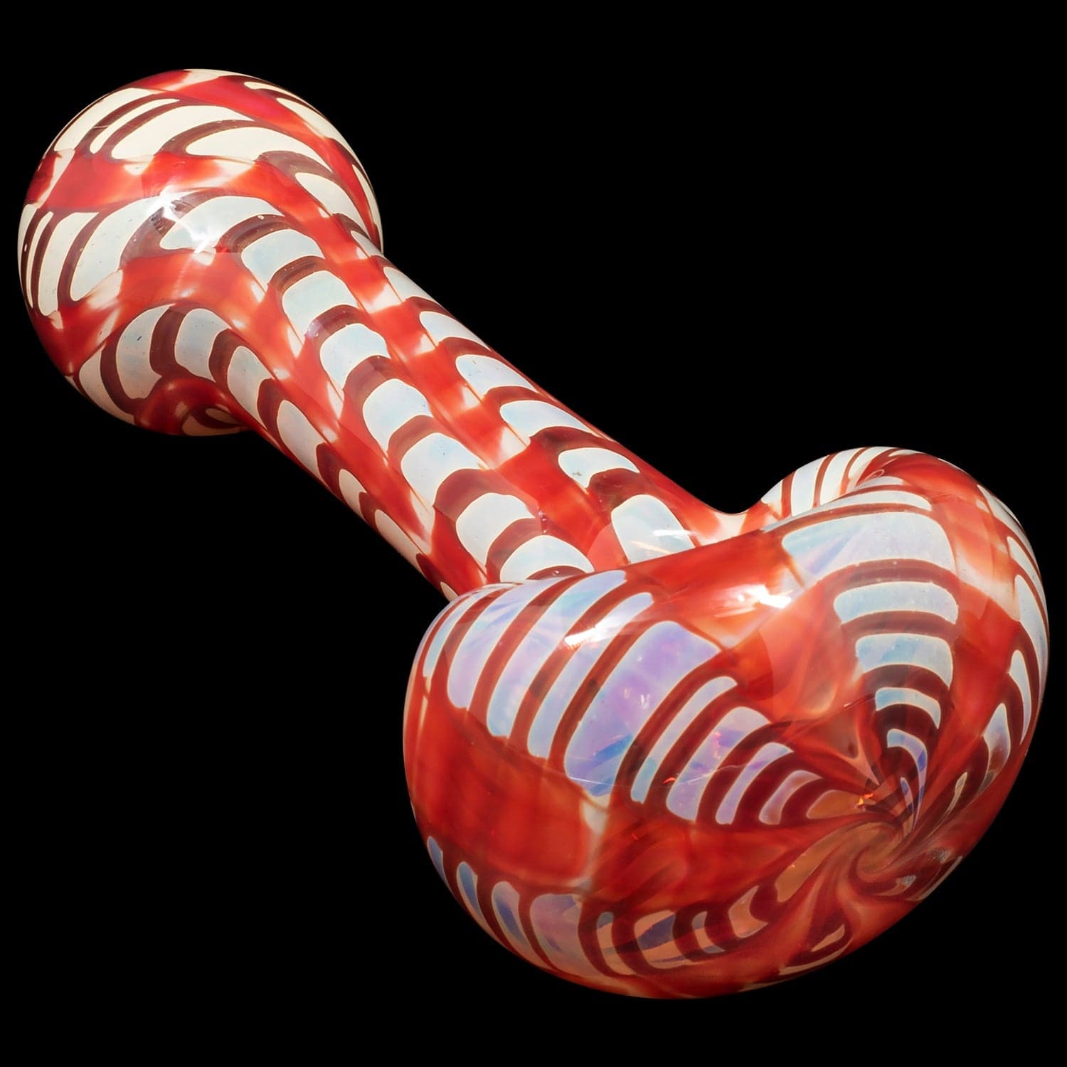 A close-up shot of the “Raker” Glass Spoon Pipe with a colorful, spiraling pattern against a black backdrop.