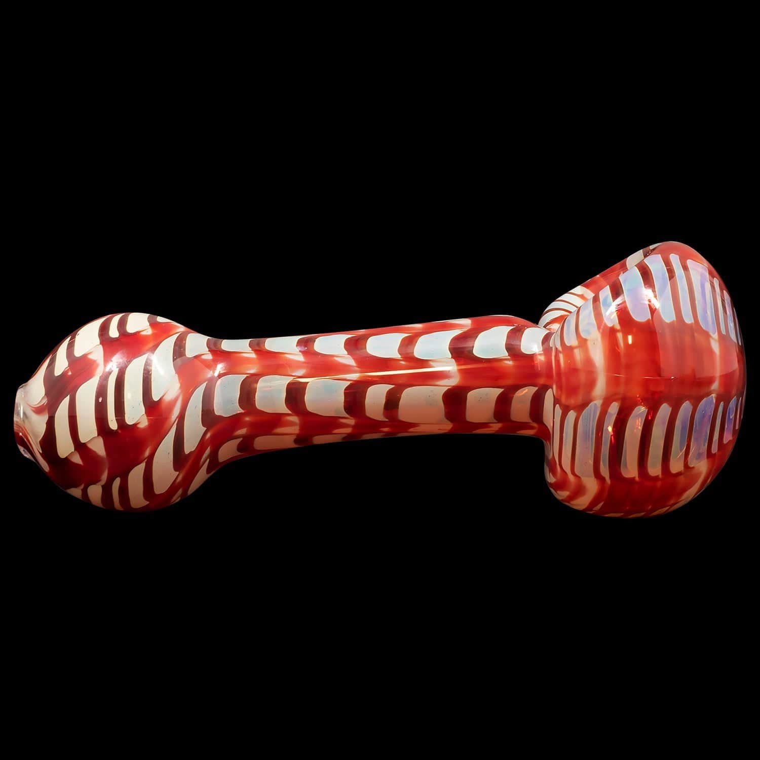 A side view of the “Raker” Glass Spoon Pipe, showcasing its curved shape and glossy finish against a dark background.