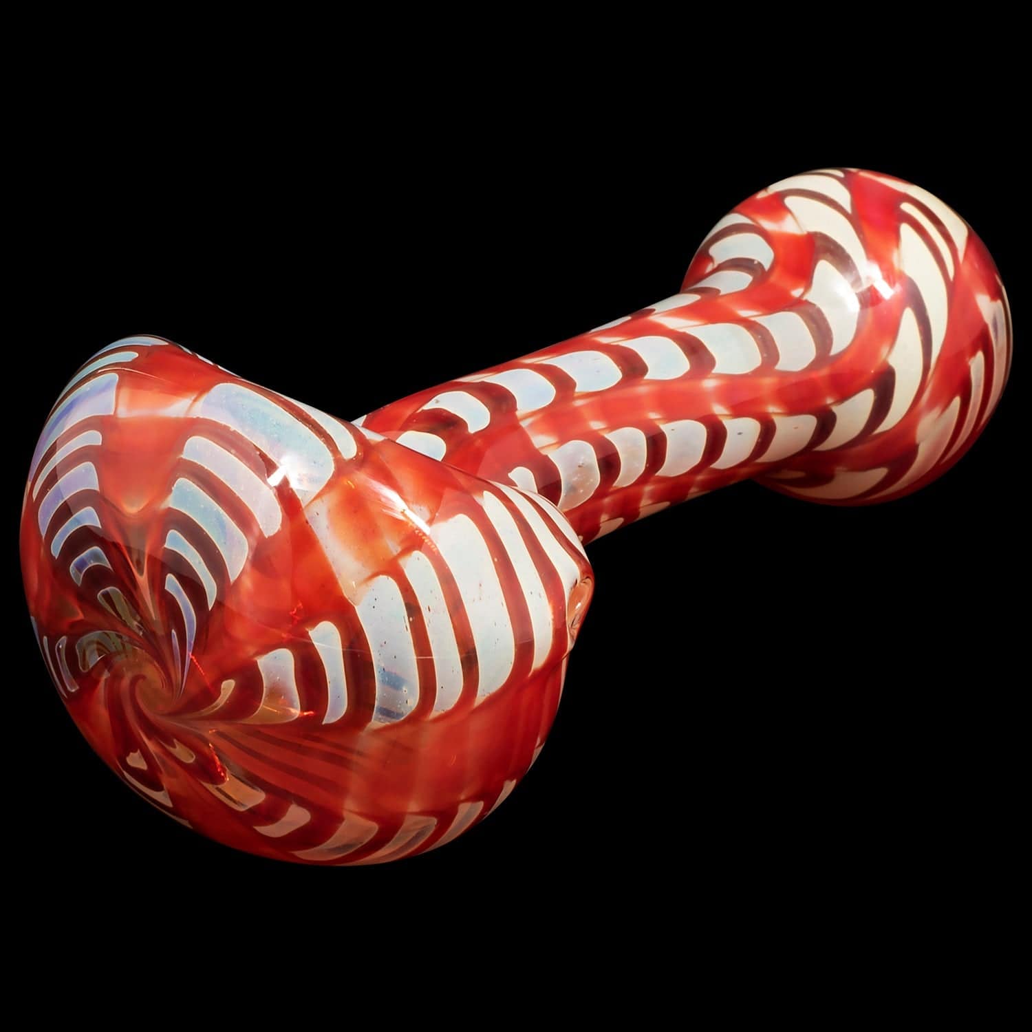 A three-quarter view of the “Raker” Glass Spoon Pipe, showcasing its patterned glass and curved design against a dark background.