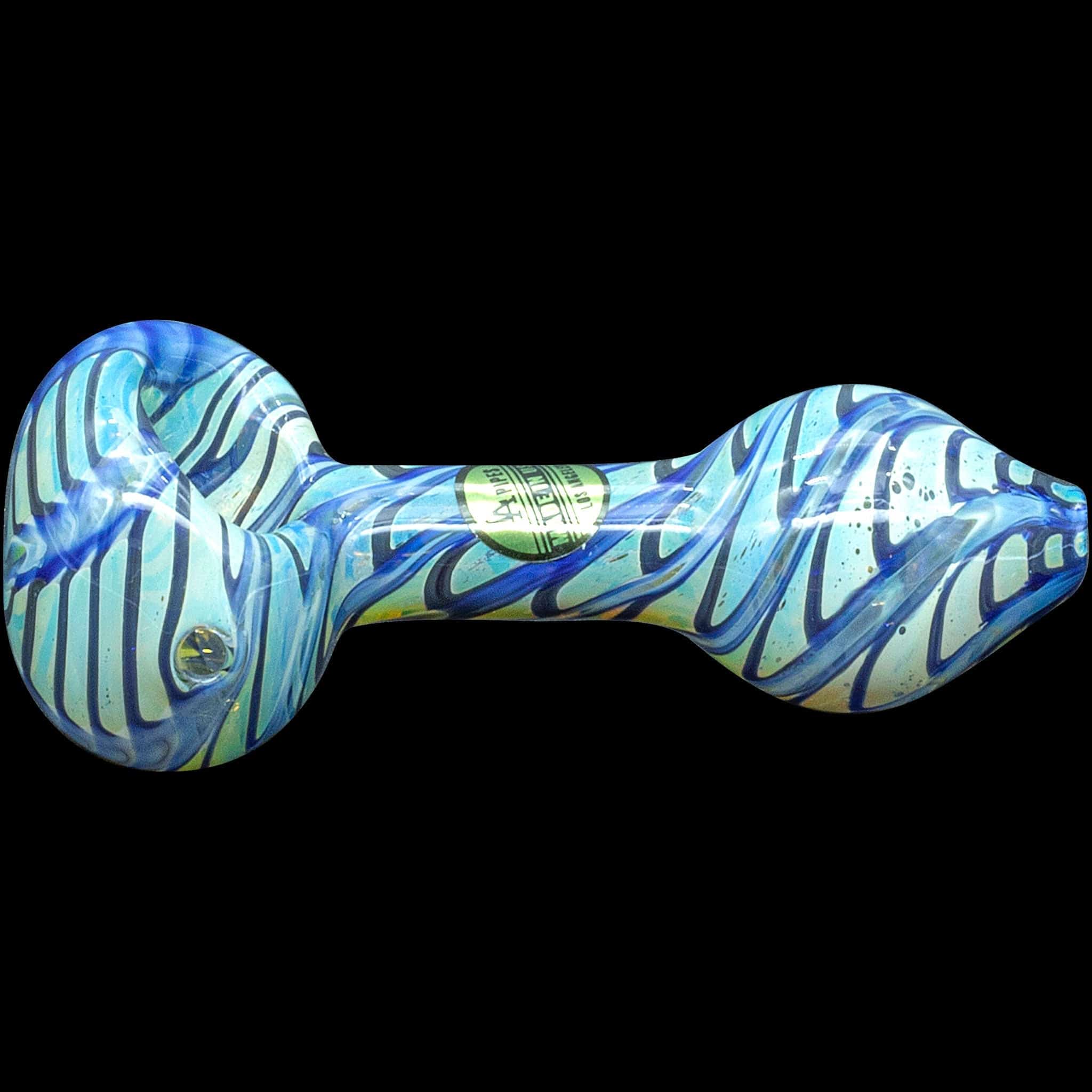 A detailed view of the "Raker" Glass Spoon Pipe, showcasing its colorful, patterned glass construction against a dark backdrop.