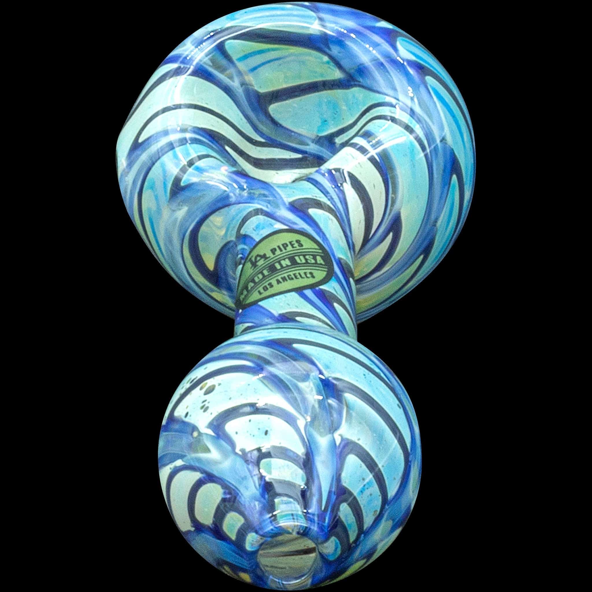 A close-up, angled view of the “Raker” Glass Spoon Pipe, showcasing swirling blue and white glass patterns.