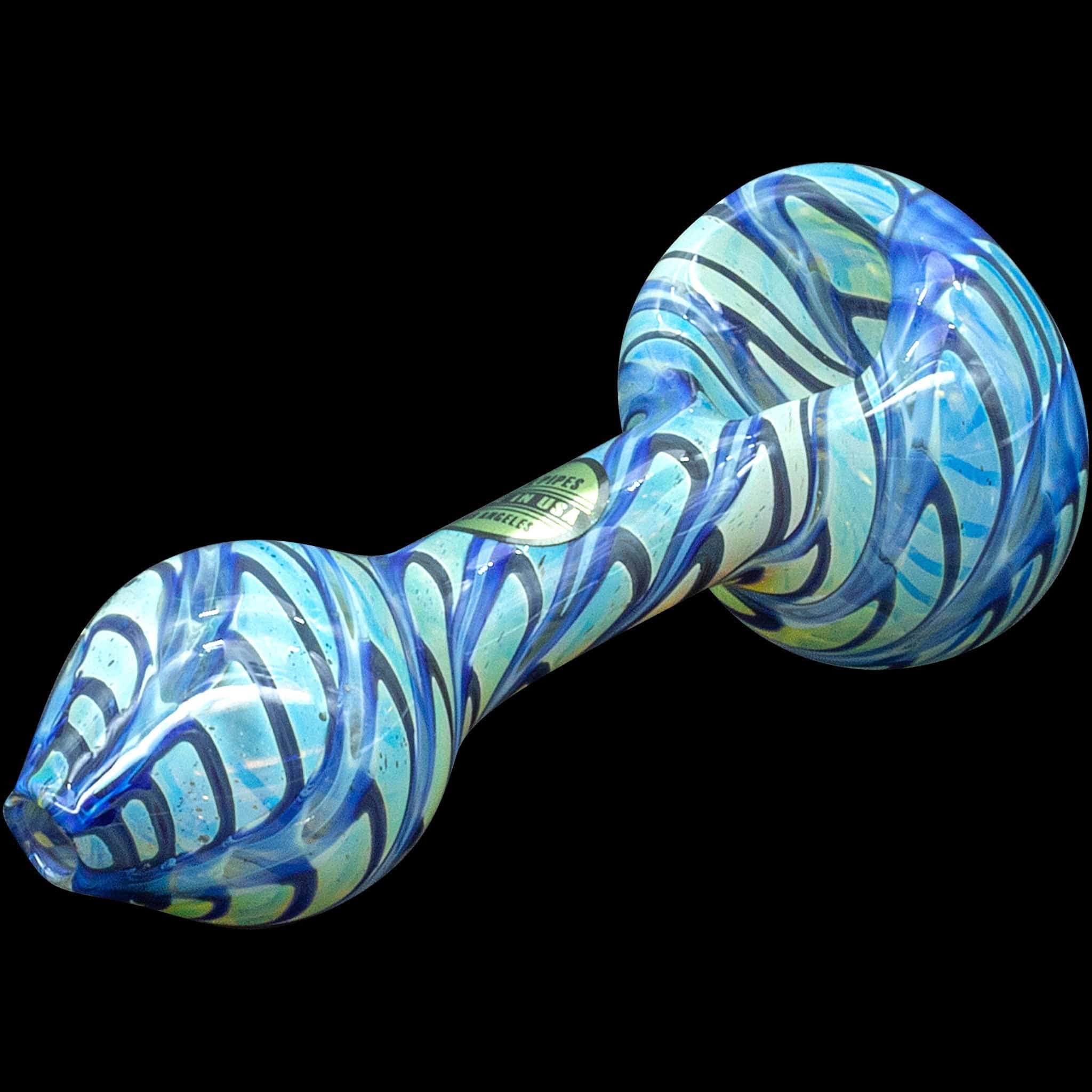 A close-up studio shot of the “Raker” Glass Spoon Pipe, featuring a vibrant blue and white swirl pattern.