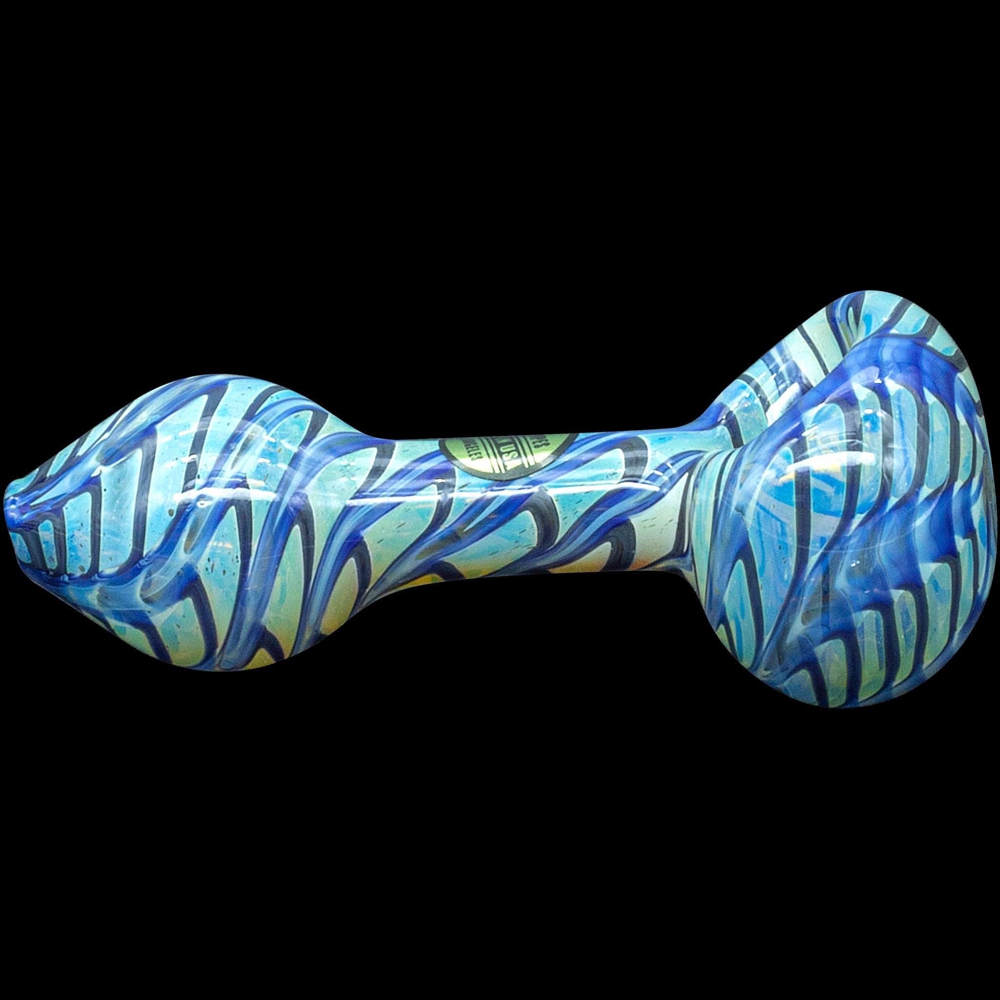 A front view of the “Raker” Glass Spoon Pipe shows a colorful, swirling glass design with a rounded bowl.