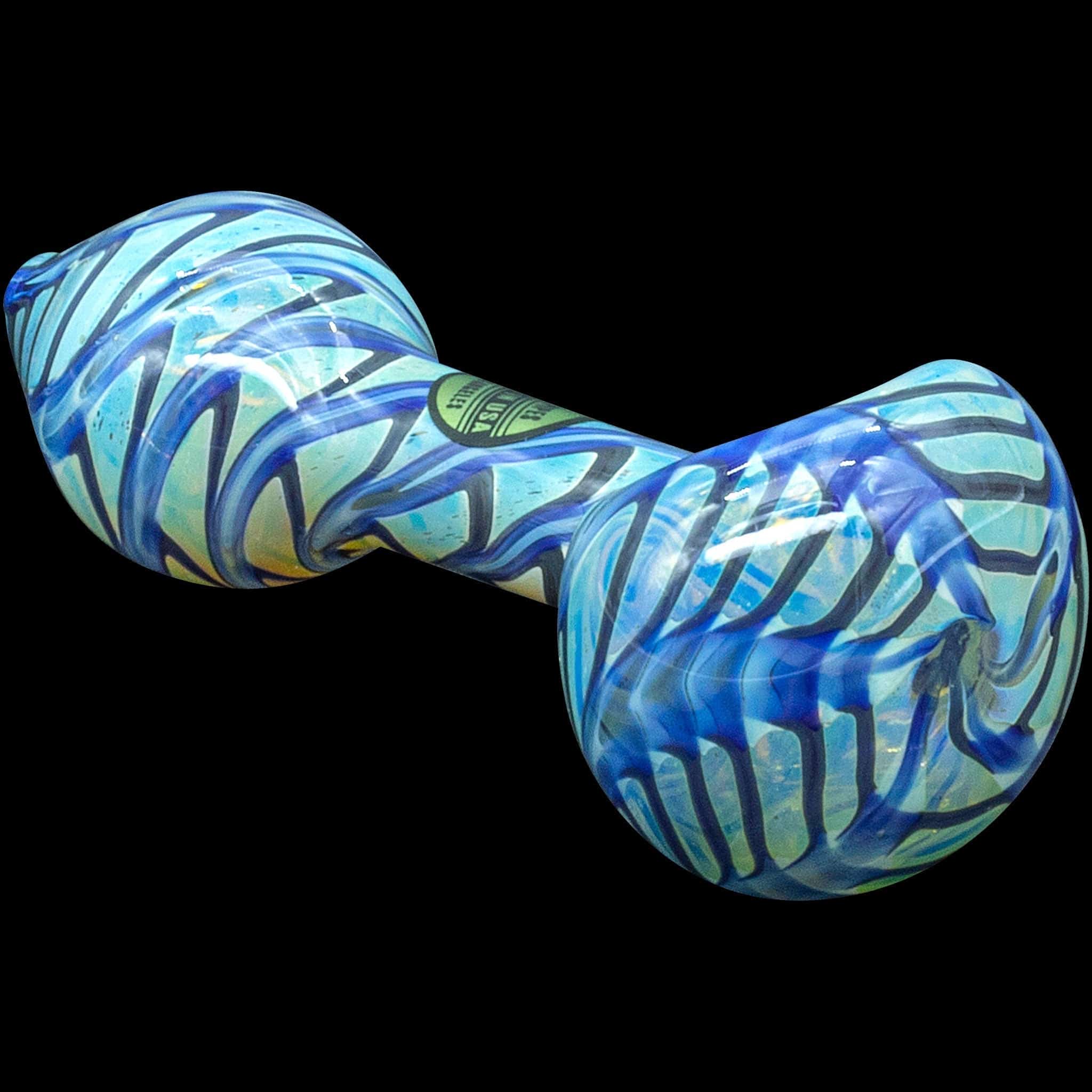 A front view of the “Raker” Glass Spoon Pipe, featuring swirling blue and white glass patterns.
