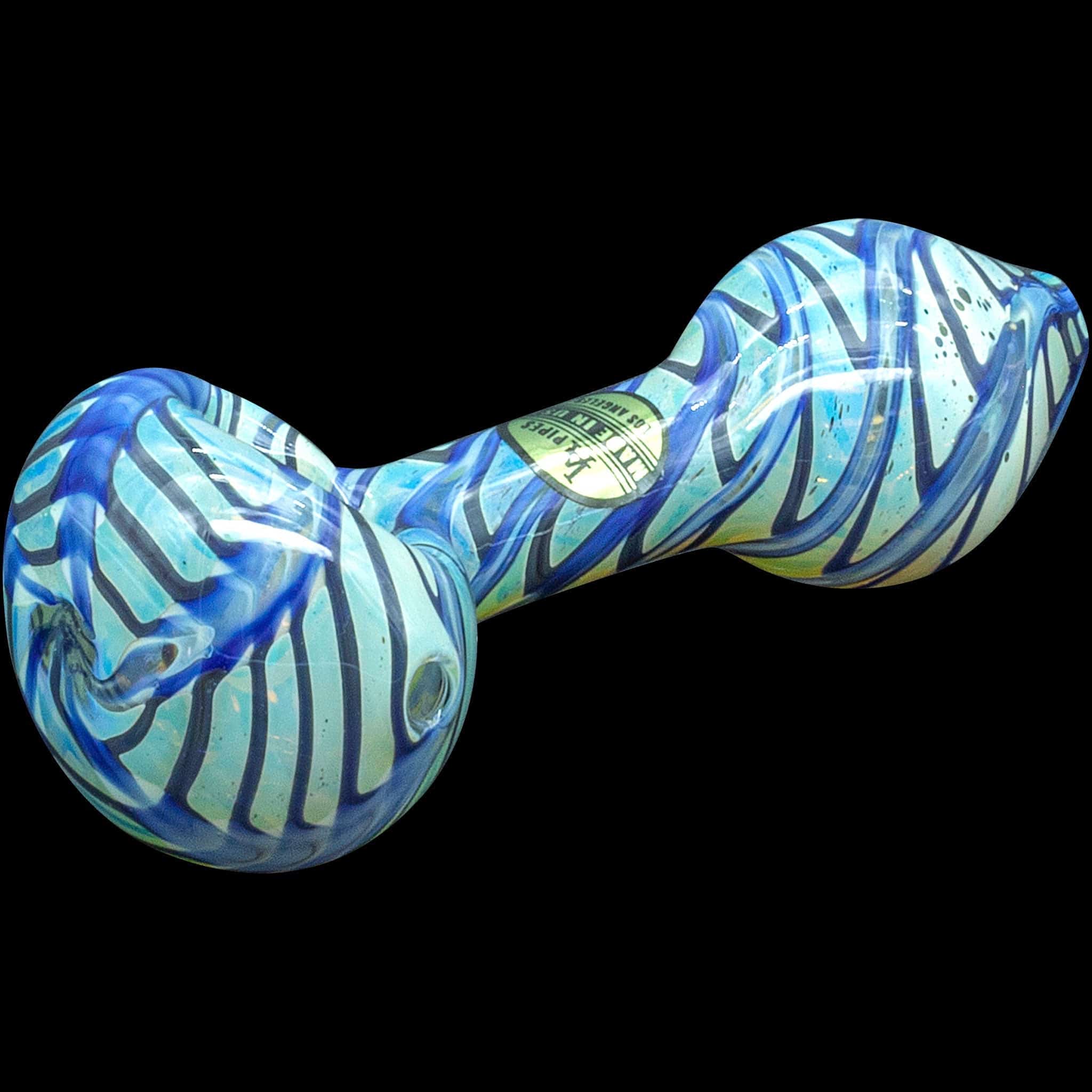 A side view of the “Raker” Glass Spoon Pipe, featuring a blue and white swirled glass design.
