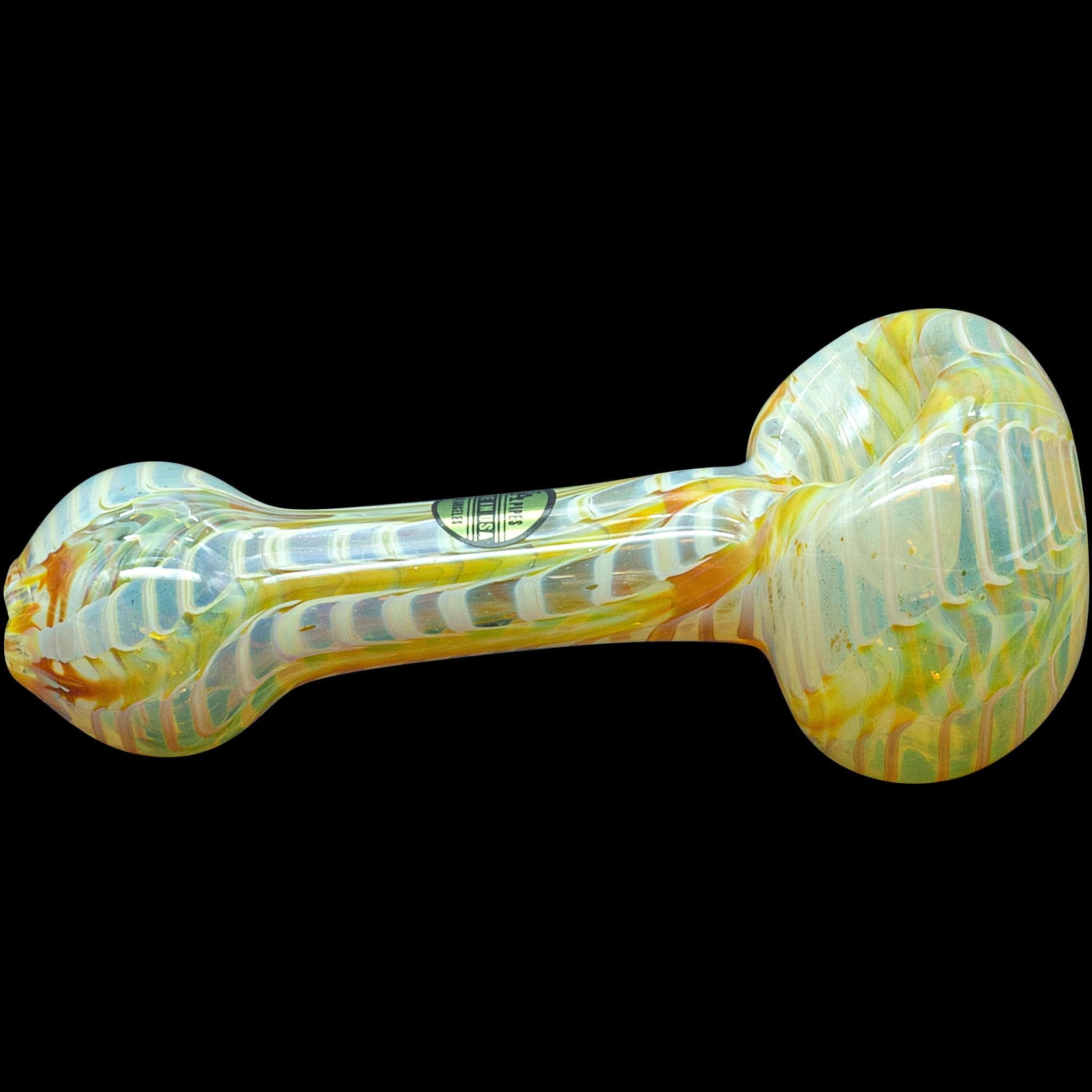 A studio shot of the "Raker" Glass Spoon Pipe, displaying its curved form and smooth glass finish against a dark background.