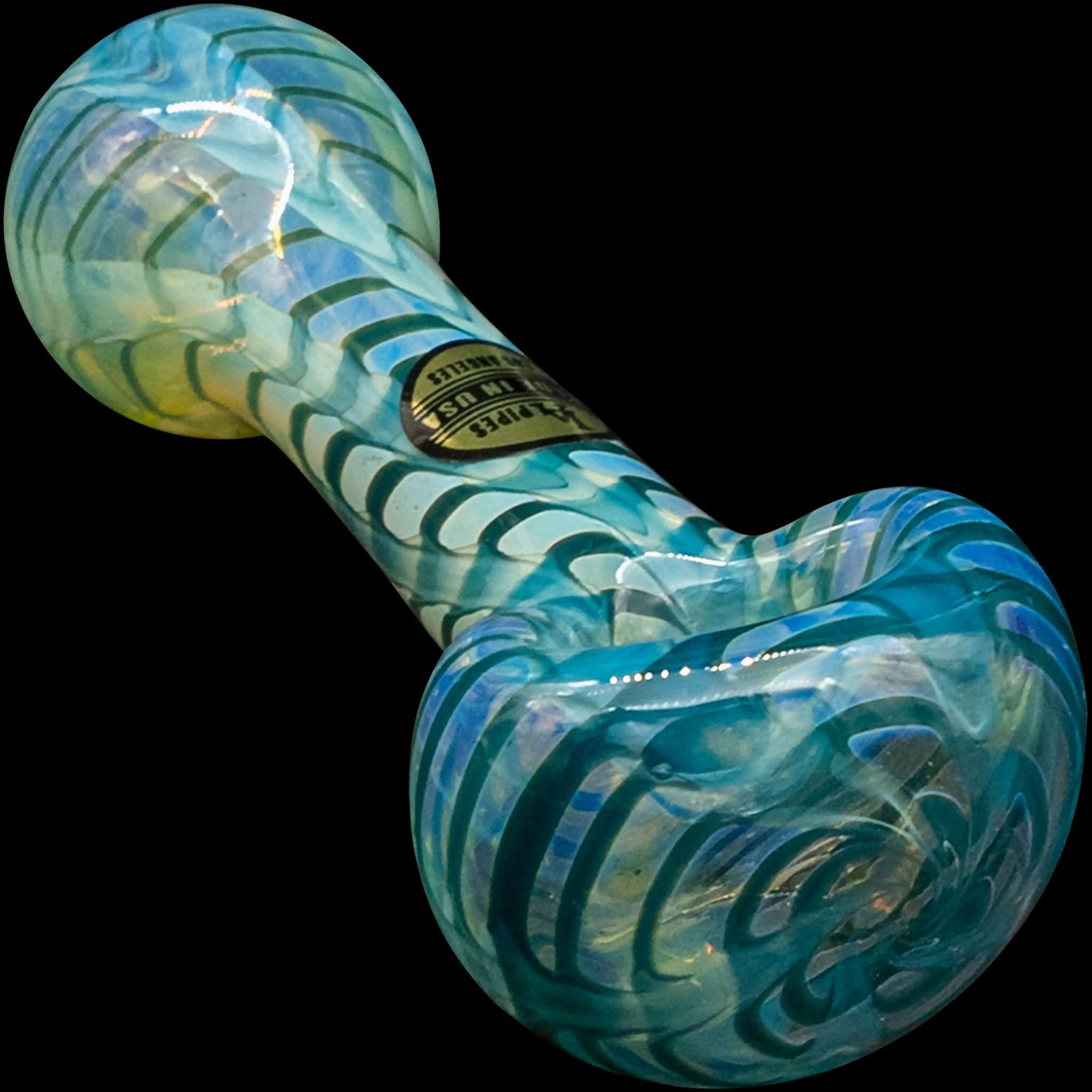 A front view of the "Raker" Glass Spoon Pipe, featuring swirling blue and green glass with a rounded bowl.