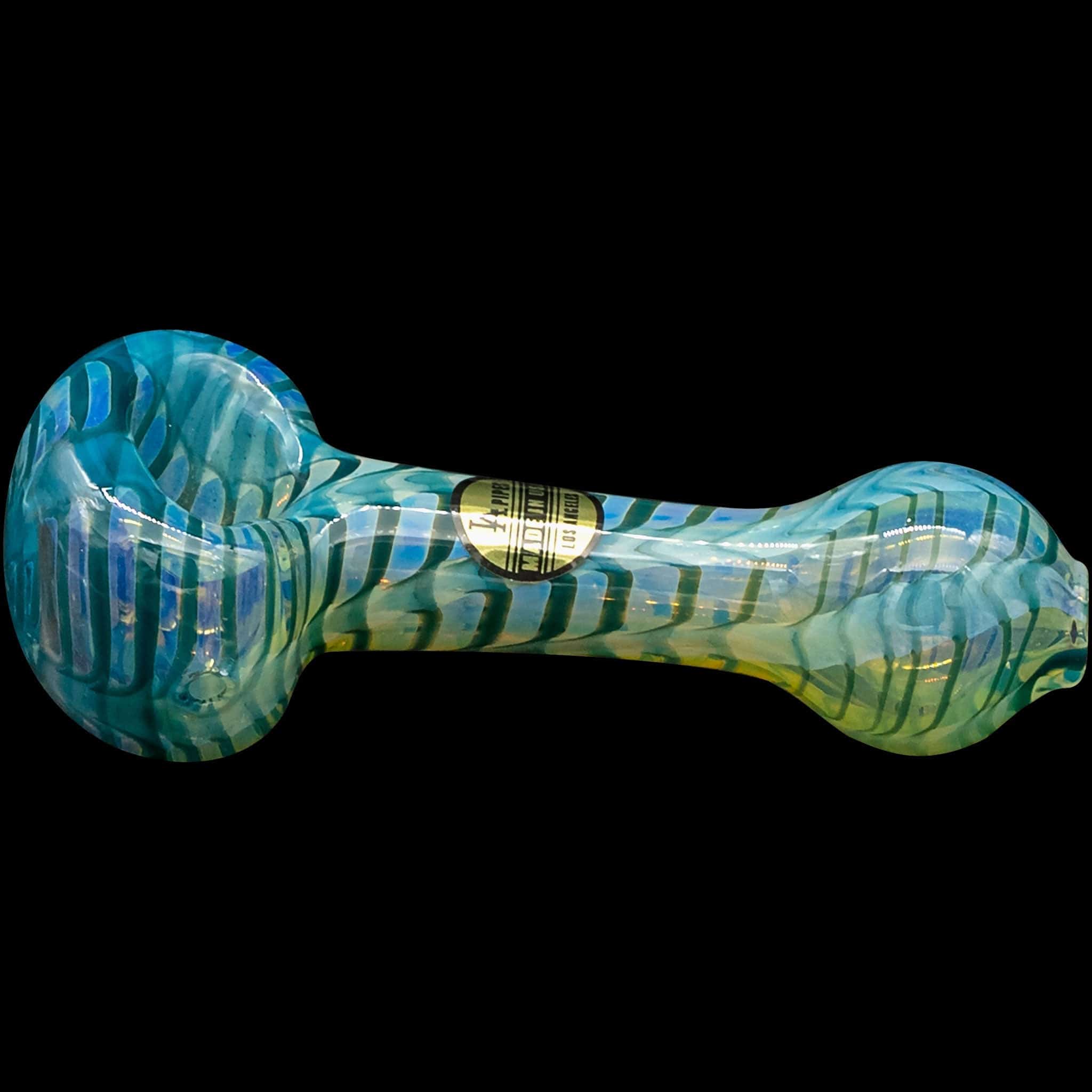 A close-up, angled view of the “Raker” Glass Spoon Pipe, showing its colorful glass construction.