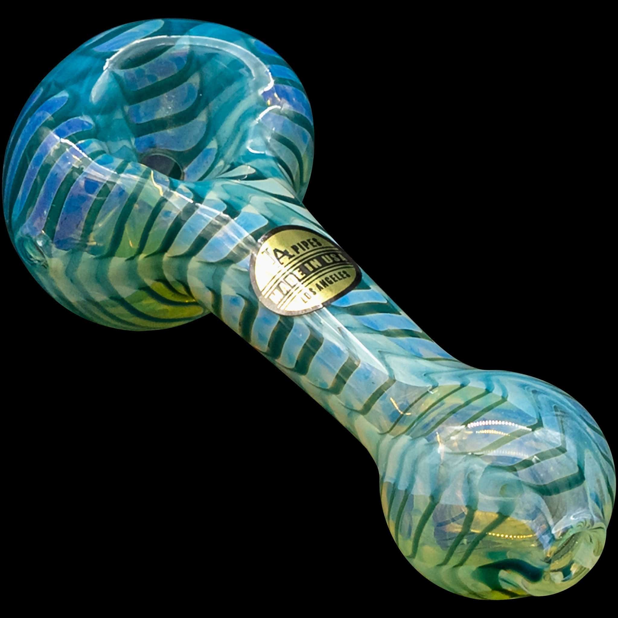 Front view of the “Raker” Glass Spoon Pipe, showcasing its blue and green glass swirl design.