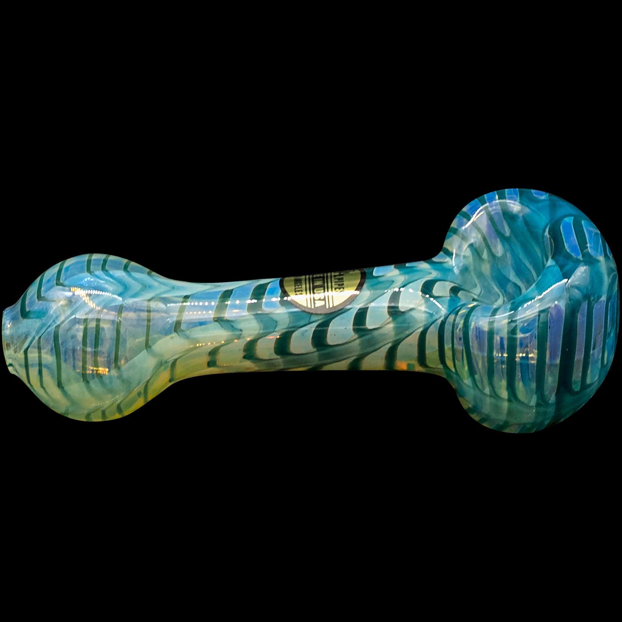 Front view of the “Raker” Glass Spoon Pipe, showing a colorful, patterned glass bowl against a plain black background.