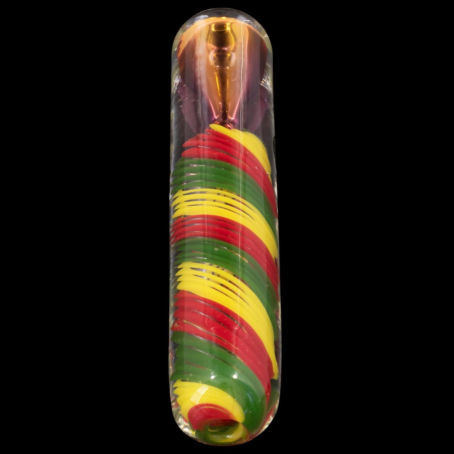 Front view of the “Rasta Twister” Chillum Pipe, featuring a colorful, spiraled glass design against a black background.