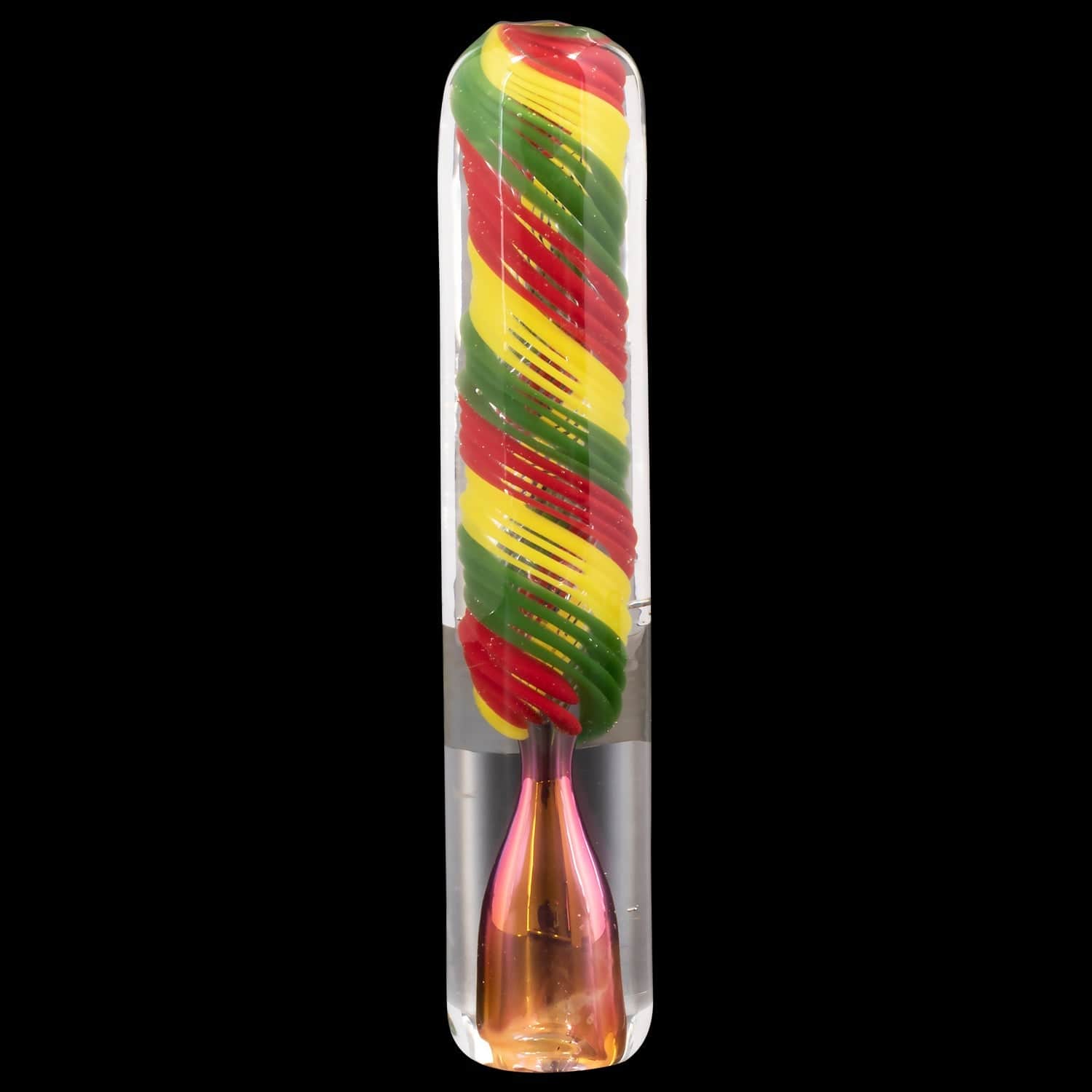 Front view of the “Rasta Twister” Chillum Pipe, a glass pipe with a swirling red and yellow pattern.