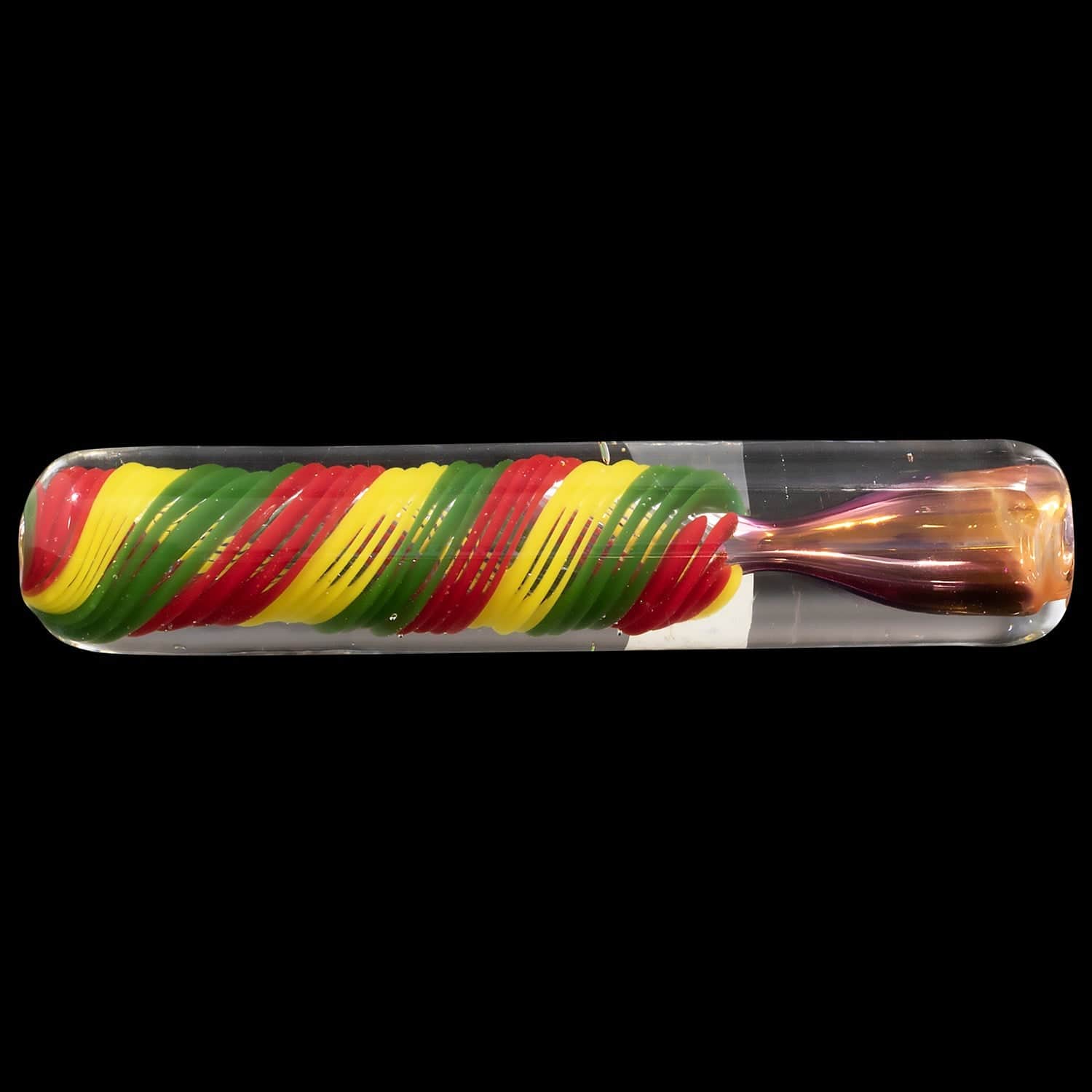 Front view of the “Rasta Twister” Chillum Pipe, a colorful, spiraled glass pipe against a plain black background.