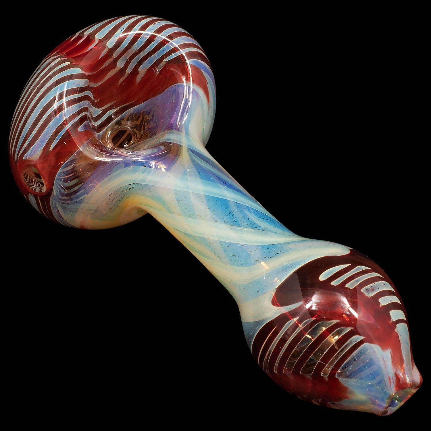 Front view of the “Twisty Cane” Spoon Glass Pipe, showcasing its colorful, swirling design and curved shape against a dark background.
