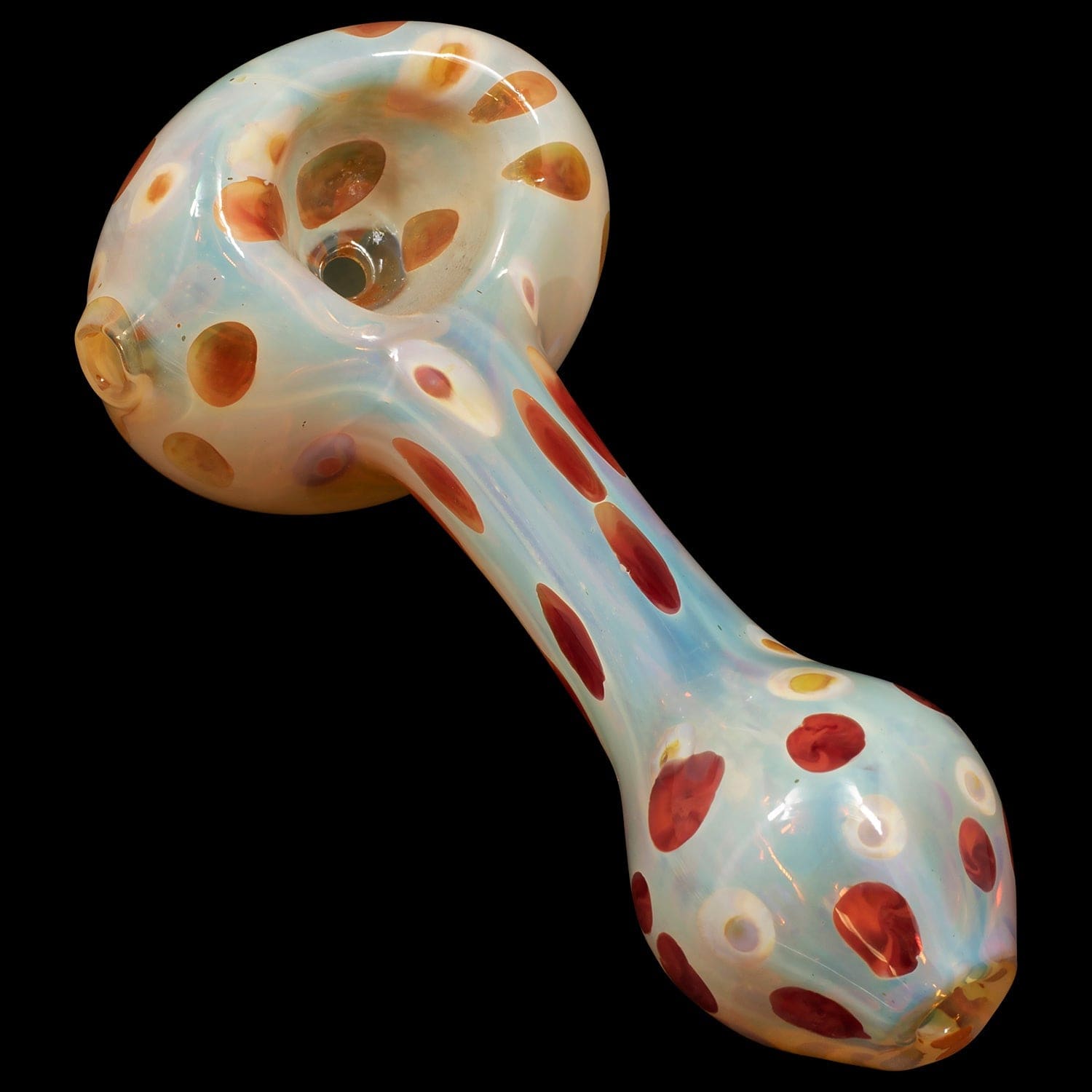 A side view of the “Polka Dot” Glass Spoon Pipe with a colorful pattern on clear glass.