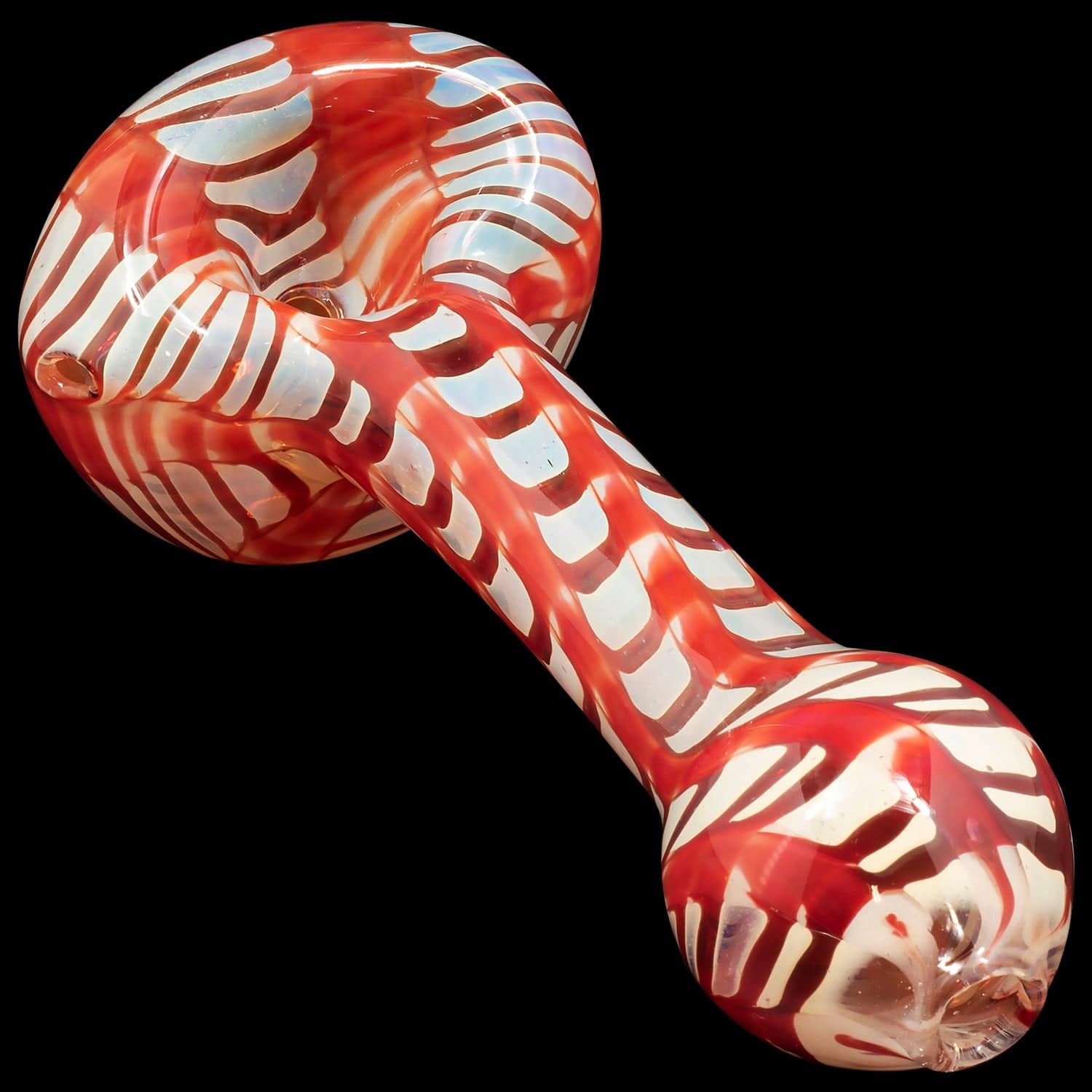 A diagonal view of the “Raker” Glass Spoon Pipe, featuring a red and white swirl pattern in a curved glass design.