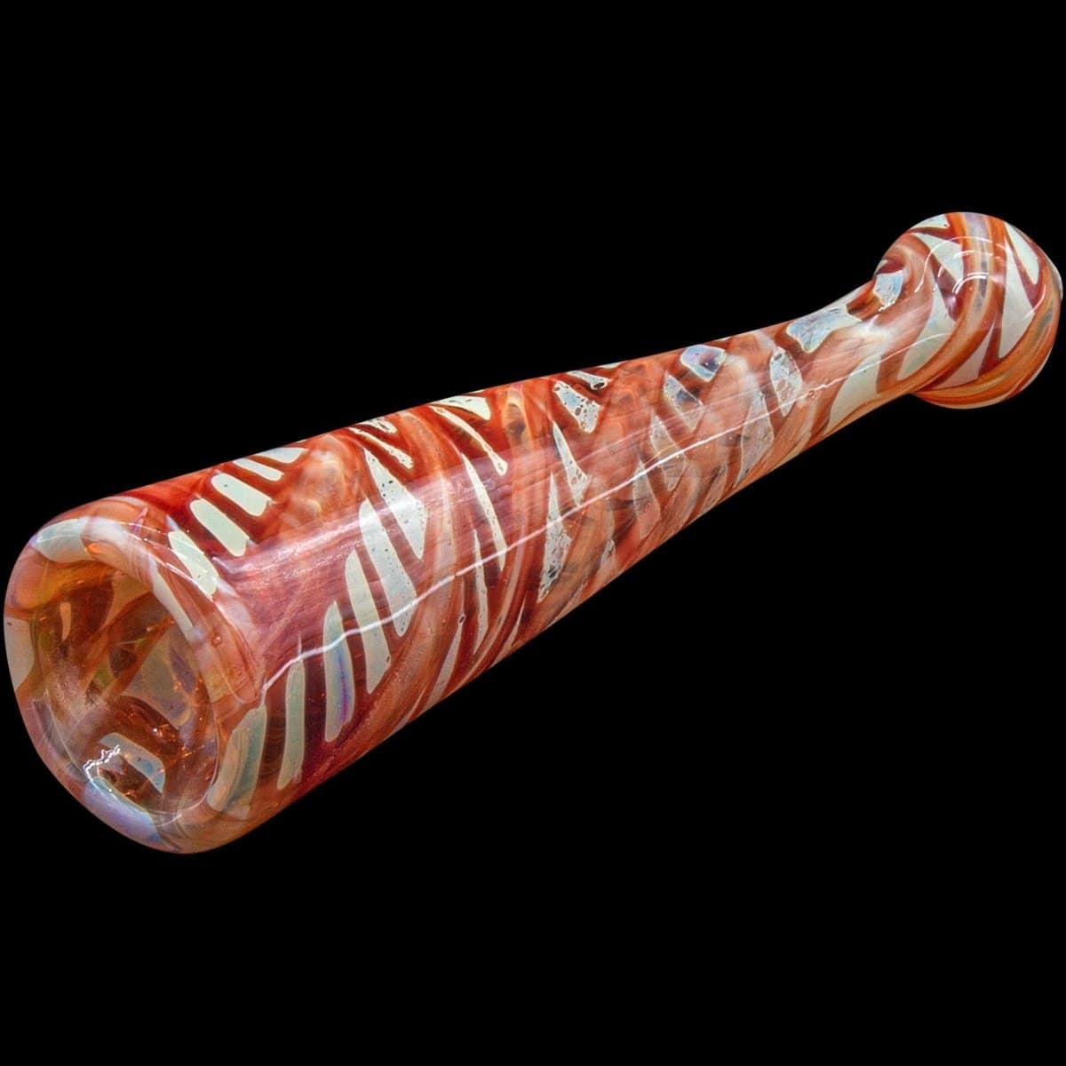 Front view of the "Typhoon" Colored Chillum, a vibrant glass pipe with swirling red and orange hues.