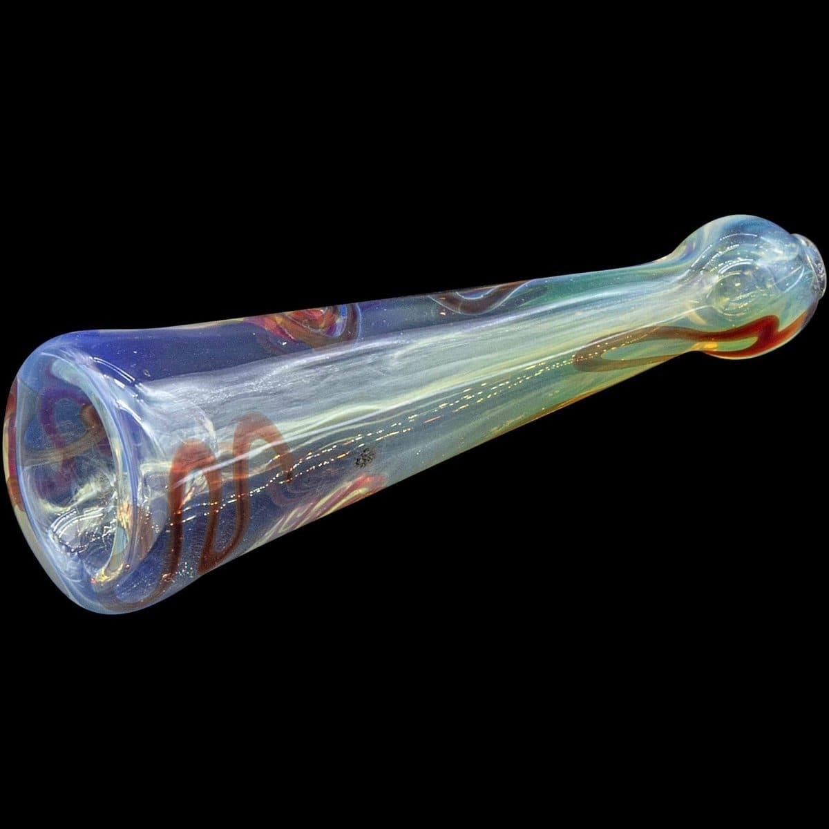 A detailed close-up of the “Warrior Piper” Inside-Out Funnel Chillum Herb Pipe, showcasing its colorful glass construction and unique funnel shape.