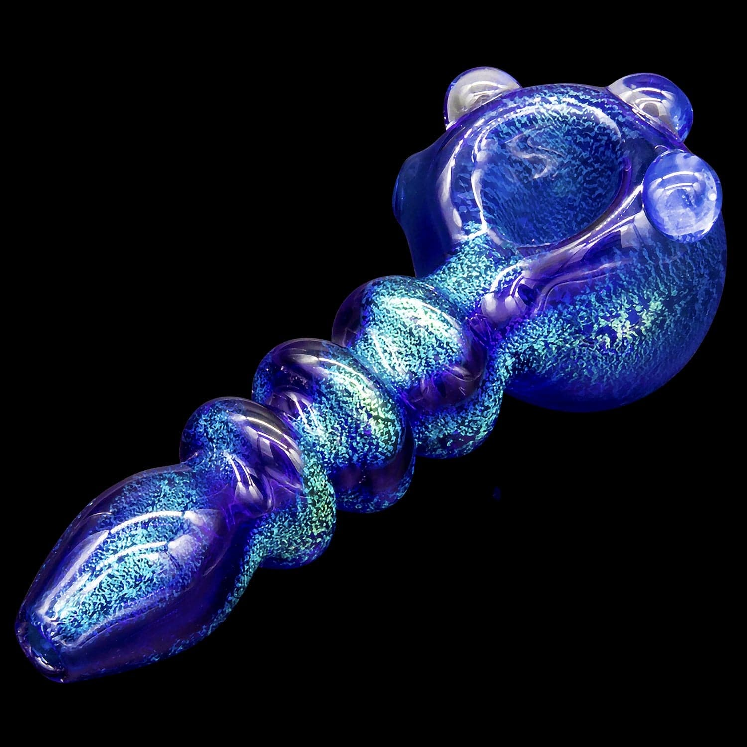Front view of the “Ringed Maria” Dichro Spoon Pipe, featuring vibrant dichroic glass rings within a curved, transparent body.