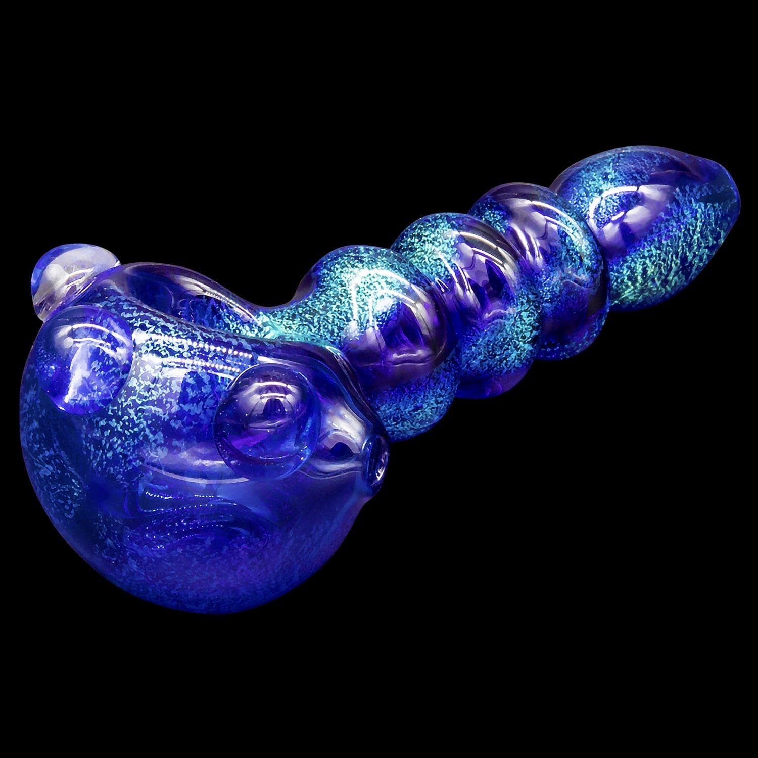 A side view of the “Ringed Maria” Dichro Spoon Pipe displays a swirling, colorful glass design with a unique ringed pattern.