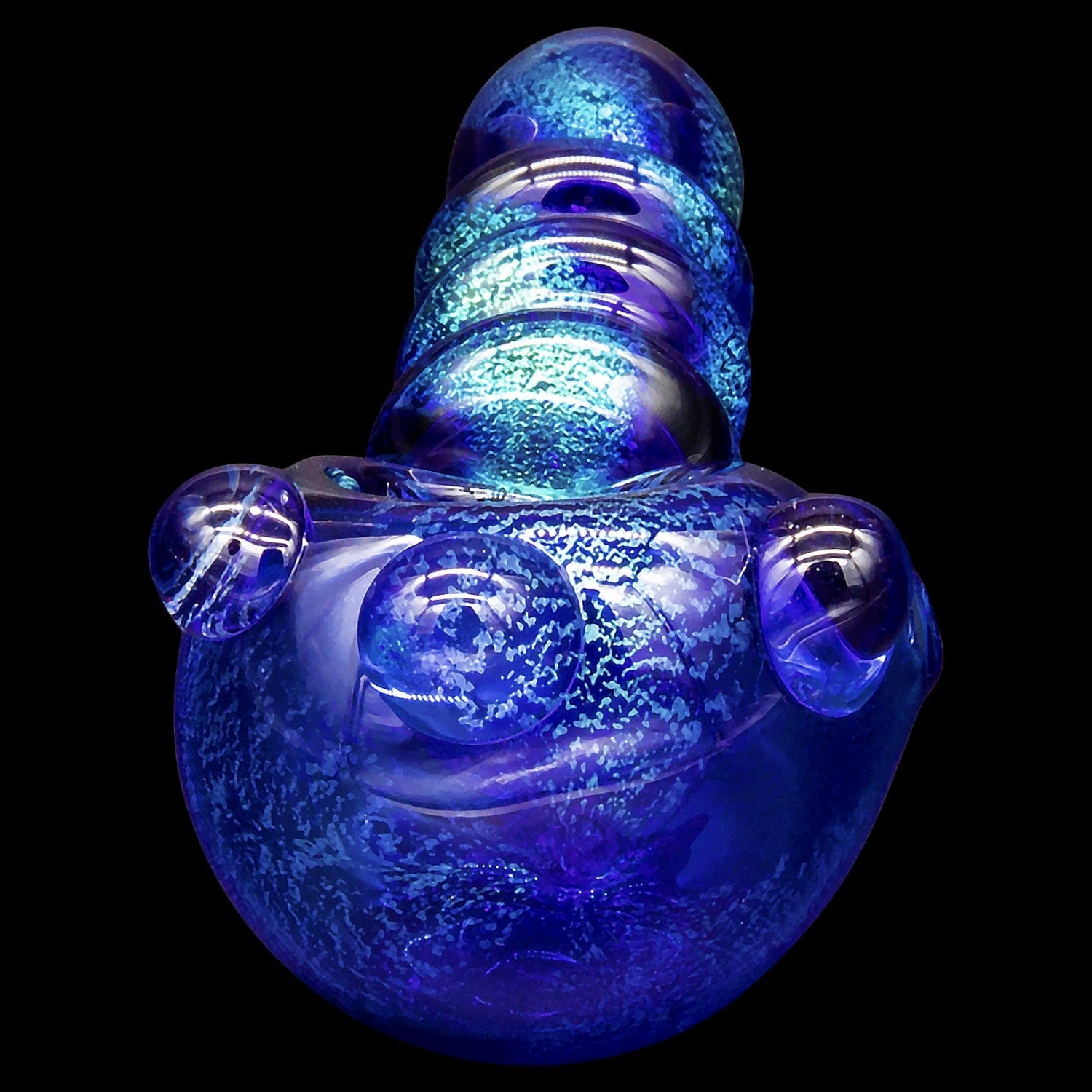 Front view of the “Ringed Maria” Dichro Spoon Pipe, showcasing a blue, dichroic glass design with a rounded bowl.