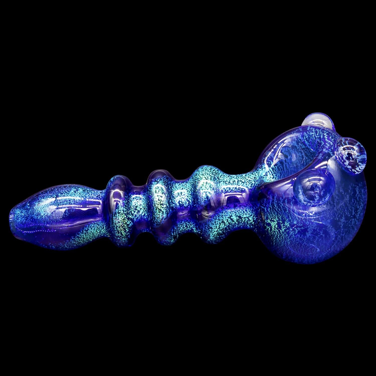A side view of the “Ringed Maria” Dichro Spoon Pipe, showcasing its blue glass with a distinctive ringed pattern.