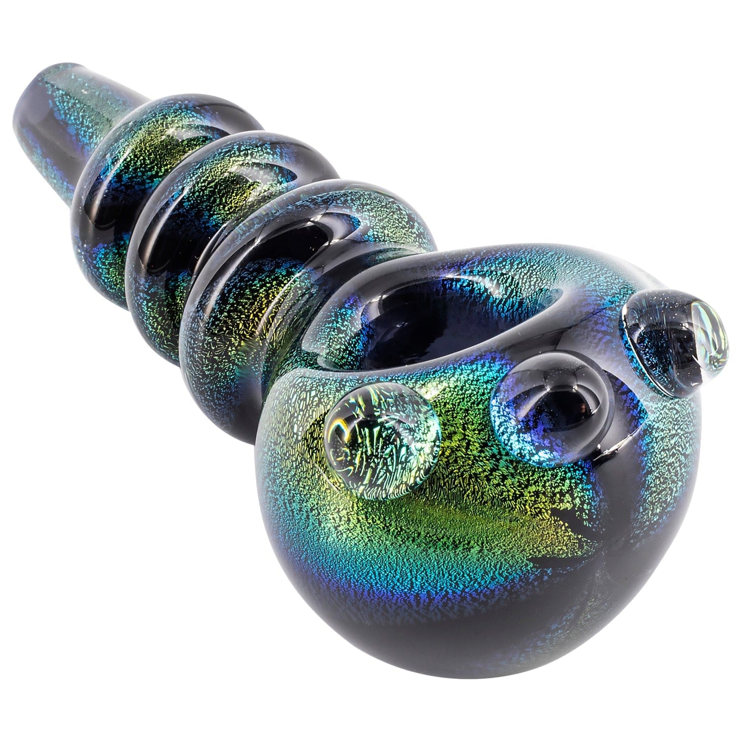 A close-up, angled view of the “Ringed Maria” Dichro Spoon Pipe, showcasing its iridescent, ringed pattern on clear glass.