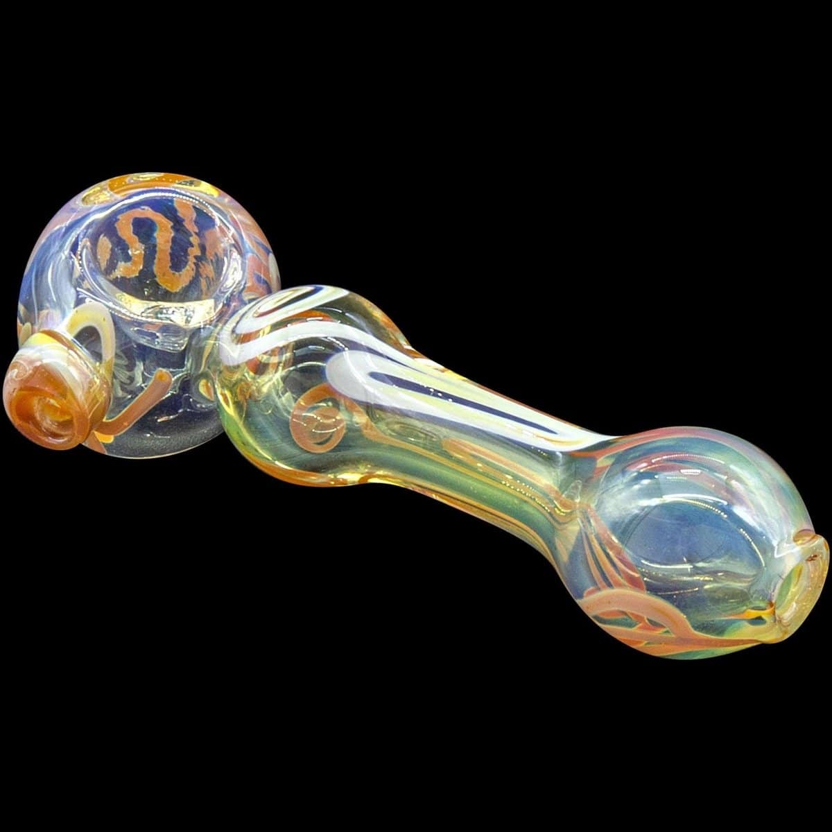 A side view of the “Painted Warrior Spoon” glass pipe, showcasing its curved shape and colorful design against a dark background.