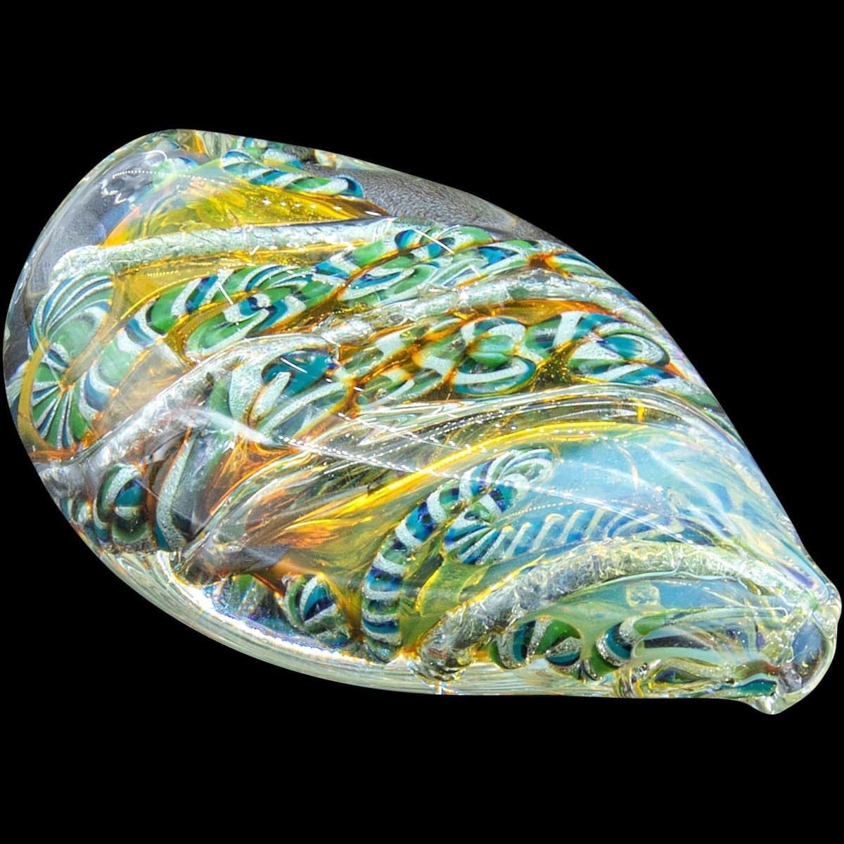 A close-up, angled view of the “Skipping Stone” Inside-Out Chillum, showcasing its colorful, swirled glass design.