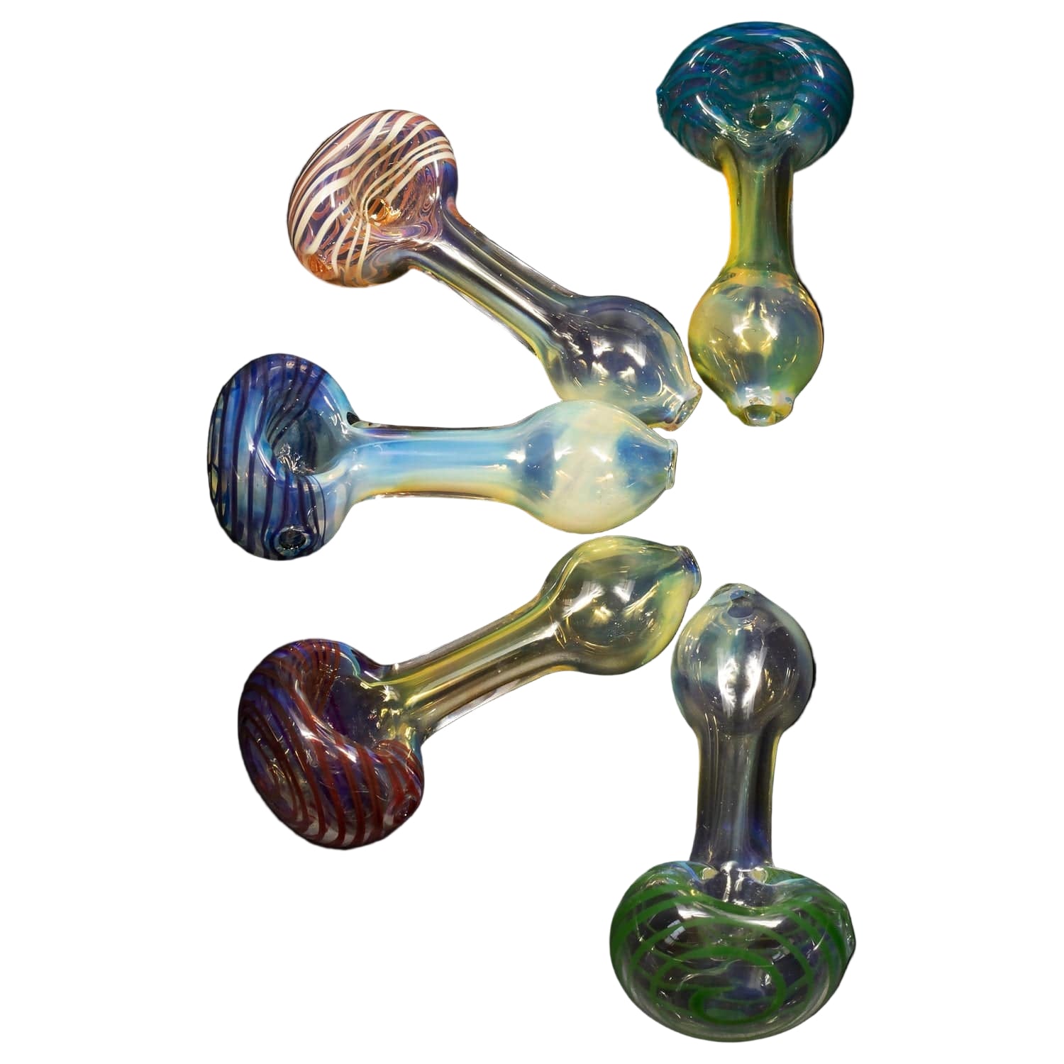 A close-up, angled view of the “Spiral-Head” Color Changing Glass Spoon Pipe, showcasing its colorful, swirling glass design.