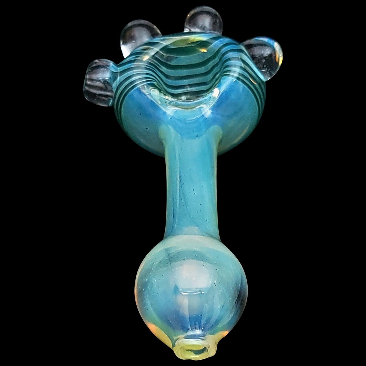Front view of the “Spiral Marble Head” Glass Spoon Pipe, featuring a blue marbled head and clear glass body.