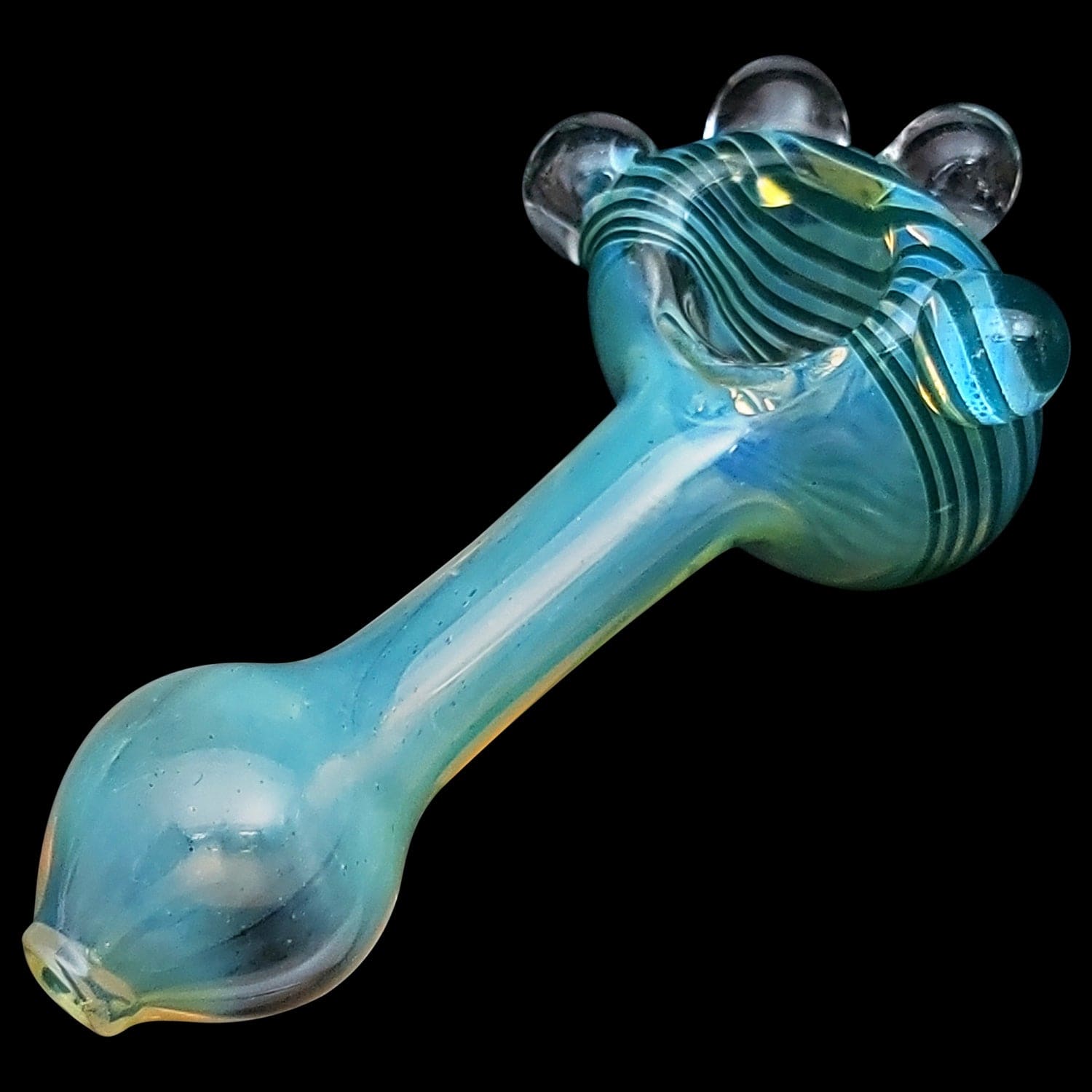 A side view of the "Spiral Marble Head" Glass Spoon Pipe, showing a marbled blue head and curved body against a dark background.