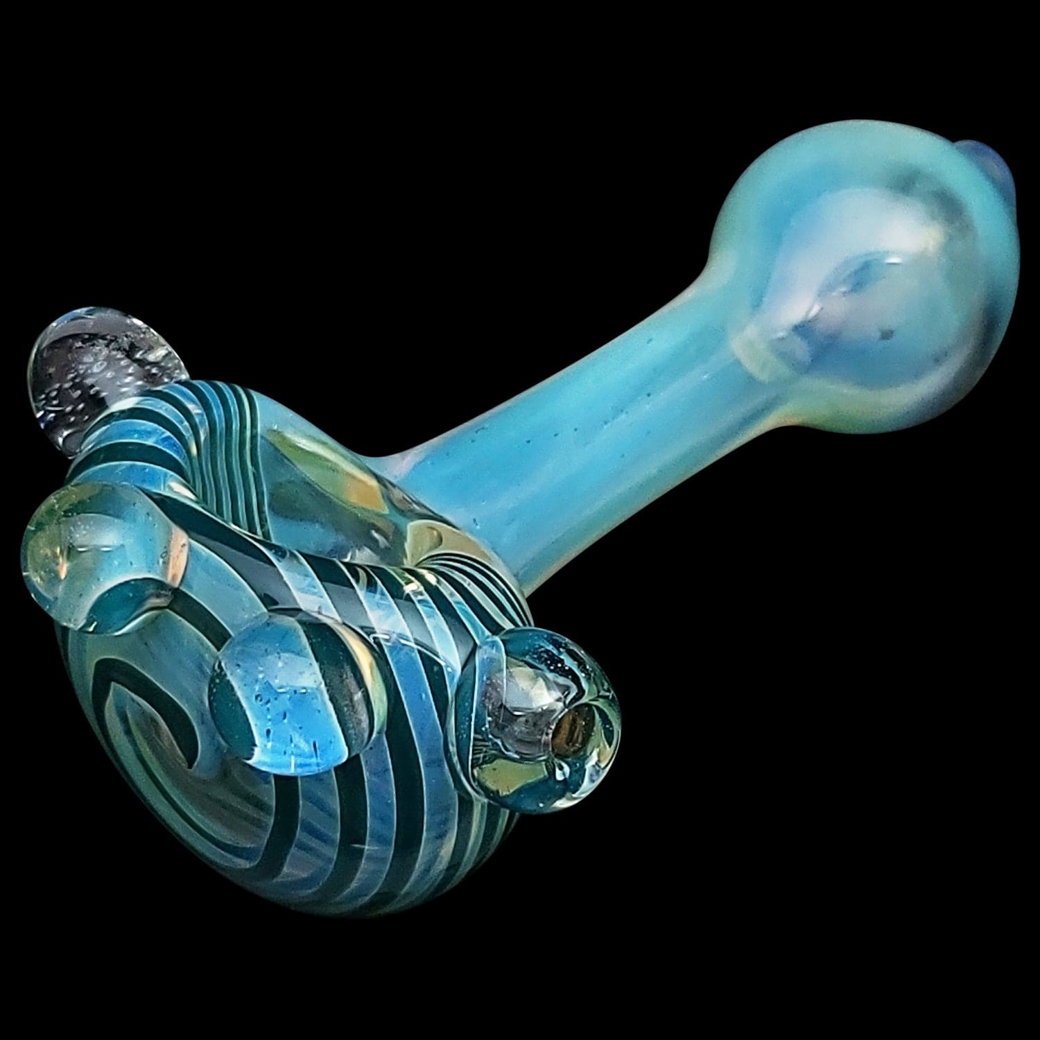 A three-quarter view of the “Spiral Marble Head” Glass Spoon Pipe, showcasing its swirling blue and white marbled head against a black background.